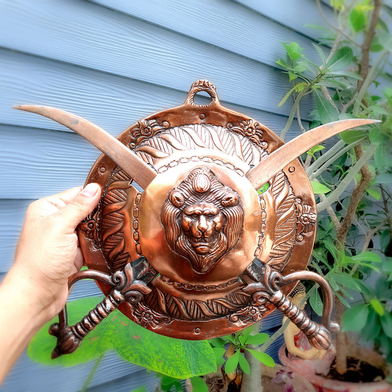 Dhal Talwar Wall Hanging Set | Sword & Shield Wall Mount - Lion Design - For Home, Living Room, Wall Decoration - 12 Inch- Apkamart