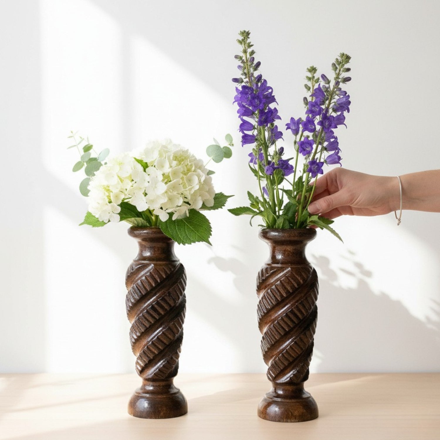 Wooden Flower Vase | Handcrafted Wooden Vase for Home Decor | Decorative Flower Pot for Living Room, Bedroom, Table & Office - 12 Inch (Pack Of 2) - Apkamart