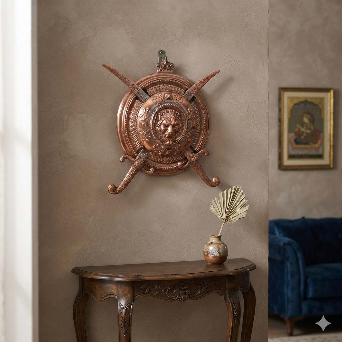 Lion Face Dhal Talwar Sword & Shield Wall Hanging – 15 Inch
