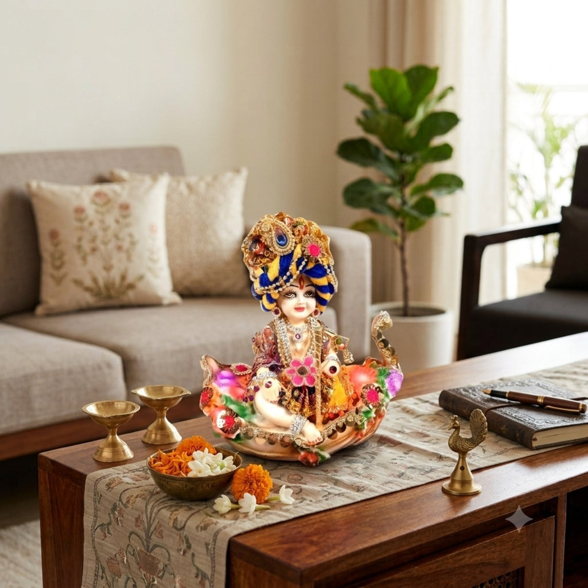 Laddu Gopal Baby Krishna in Floral Boat Statue Idol – 13 Inch