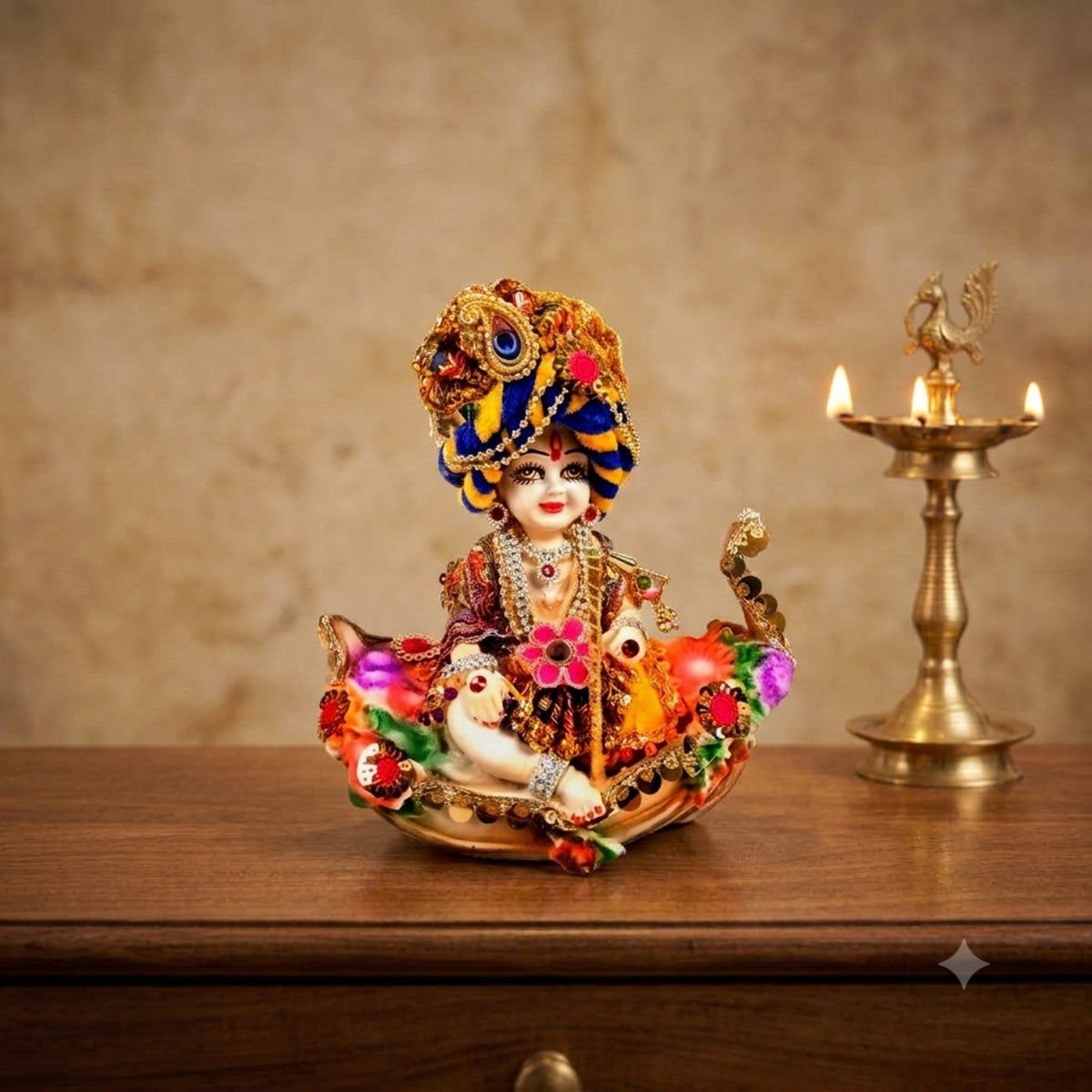 Laddu Gopal Baby Krishna in Floral Boat Statue Idol – 13 Inch