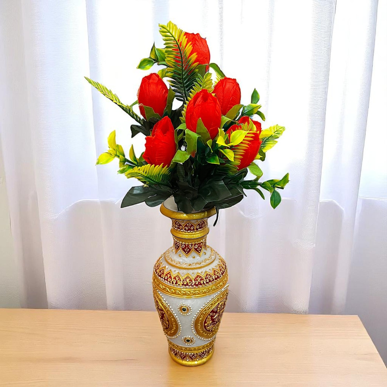 Artificial Flowers Rose Bunches For Pot | Faux Flower Sticks - for Home Decor, Living Room, Office & Festivals Decoration (Vase Not Included) - 14 Inch - Apkamart #Colour_Red