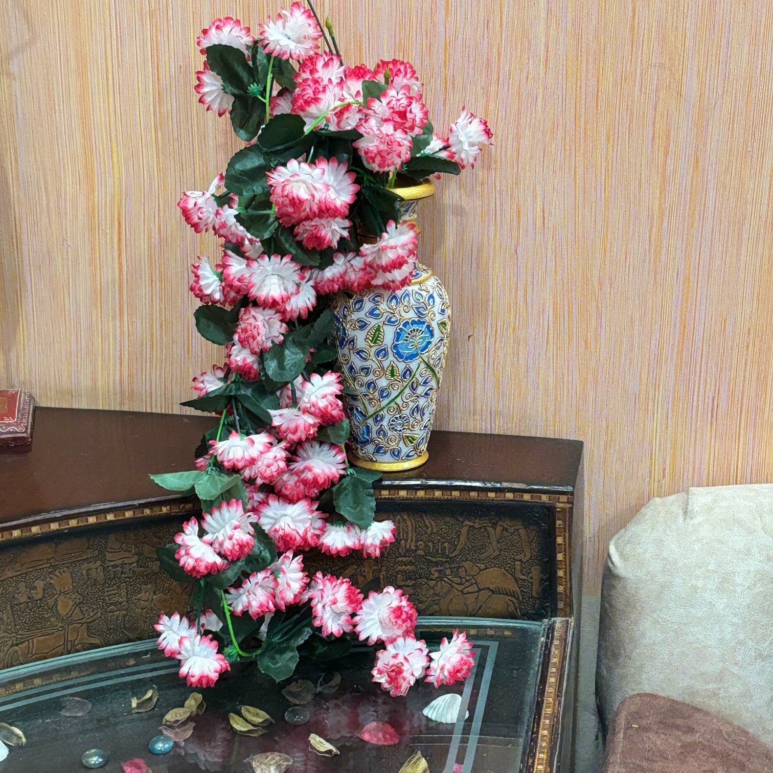 Artificial Hanging Flower Bunch | Faux Vine Flower Arrangement for Balcony, Living Room, Flower Pots & Stands | Artificial Leaf & Flower Bunch for Home Decor - 30 Inch - Apkamart #Color_Pink