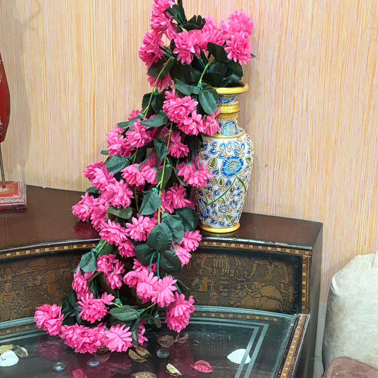 Hanging Bunch of Flowers | Faux Flower Vine with Leaves | Decorative Artificial Flower for Balcony, Living Room, Home Decor & Festive Diwali Decoration - 30 Inch - Apkamart #Color_Pink