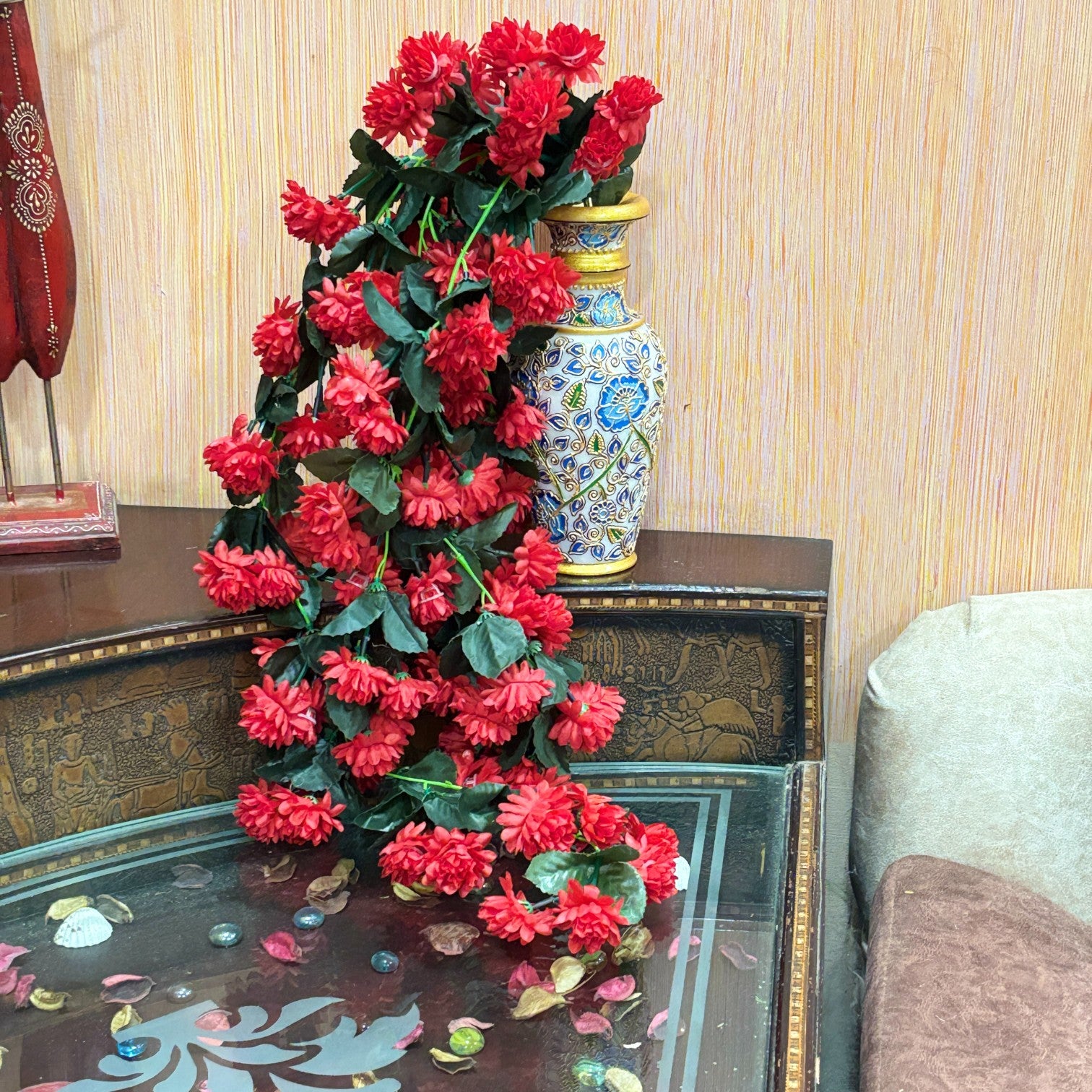 Artificial Hanging Flower Bunch | Faux Vine Flower Arrangement for Balcony, Living Room, Flower Pots & Stands | Artificial Leaf & Flower Bunch for Home Decor - 30 Inch - Apkamart #Color_Red