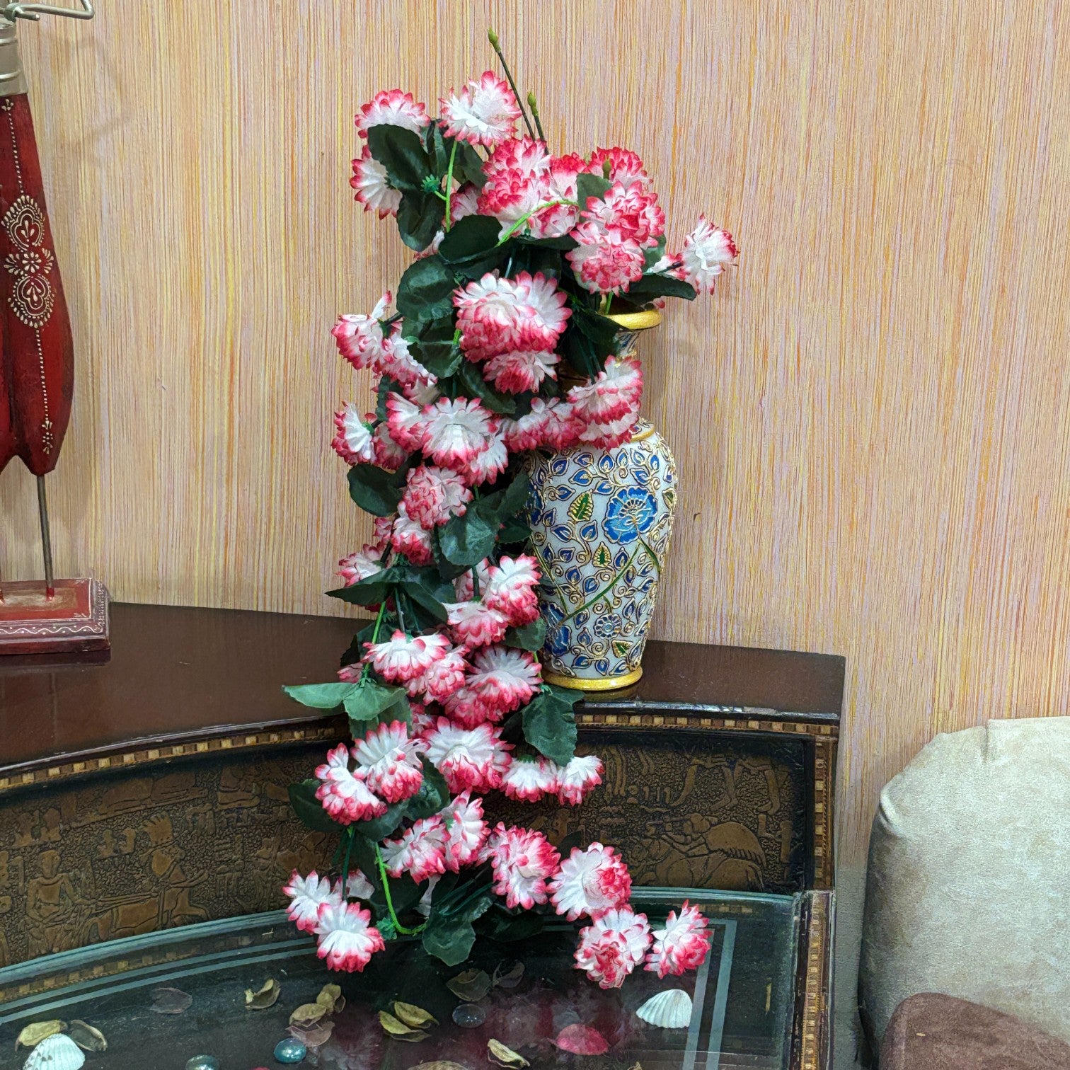 Artificial Hanging Flower Bunch | Faux Vine Flower Arrangement for Balcony, Living Room, Flower Pots & Stands | Artificial Leaf & Flower Bunch for Home Decor - 30 Inch - Apkamart #Color_Pink