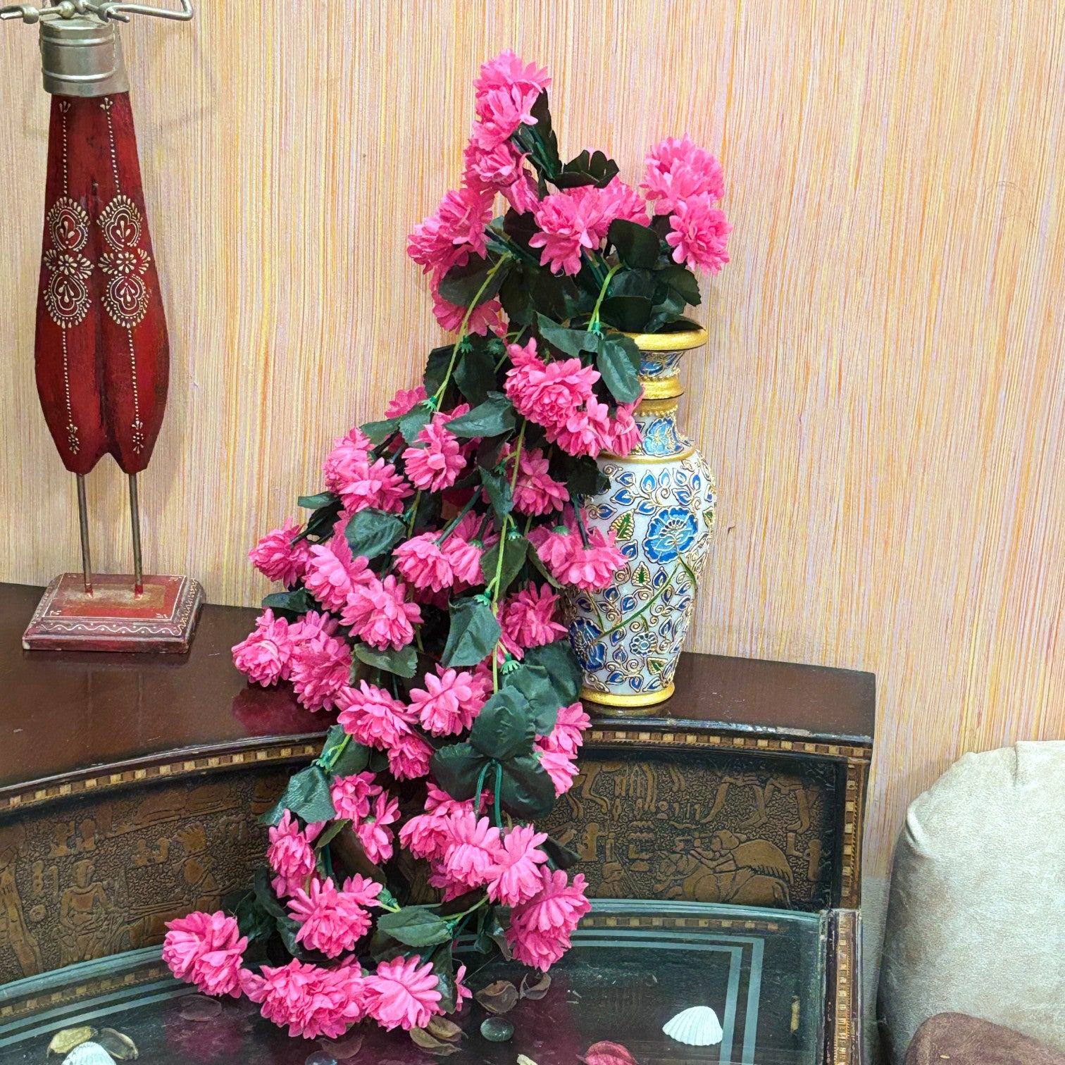 Hanging Bunch of Flowers | Faux Flower Vine with Leaves | Decorative Artificial Flower for Balcony, Living Room, Home Decor & Festive Diwali Decoration - 30 Inch - Apkamart #Color_Pink