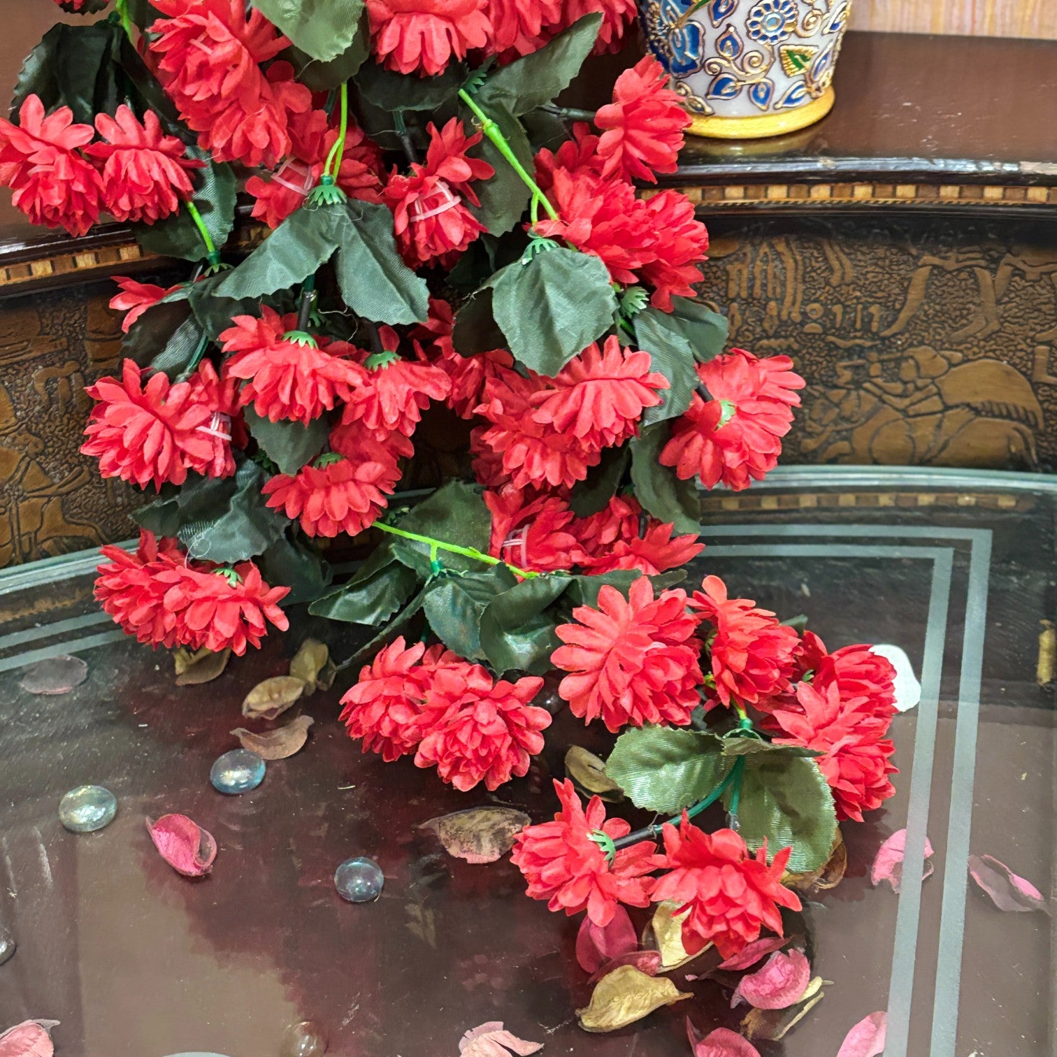 Artificial Hanging Flower Bunch | Faux Vine Flower Arrangement for Balcony, Living Room, Flower Pots & Stands | Artificial Leaf & Flower Bunch for Home Decor - 30 Inch - Apkamart #Color_Red