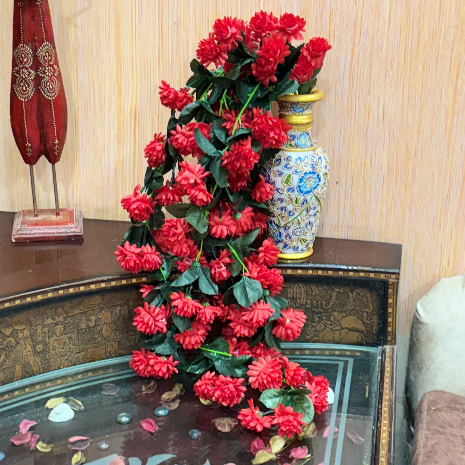 Artificial Hanging Flower Bunch | Faux Vine Flower Arrangement for Balcony, Living Room, Flower Pots & Stands | Artificial Leaf & Flower Bunch for Home Decor - 30 Inch - Apkamart #Color_Red