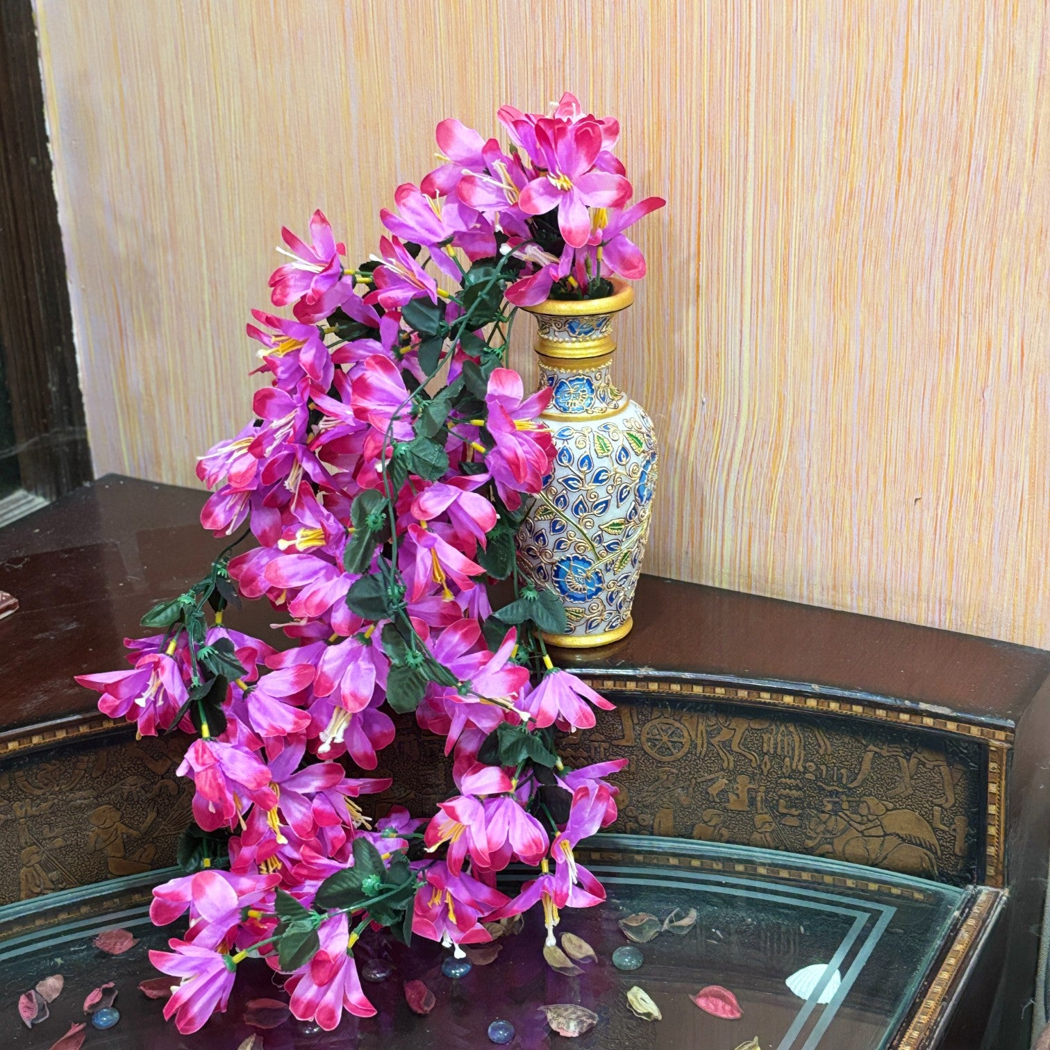 Artificial Hanging Flower for Home Decor | Realistic Hanging Flower | Decorative Wall Hanging Floral Bunch for Festive Decor, Home Decor, Balcony, Living Room - 34 Inch - Apkamart #Color_Pink