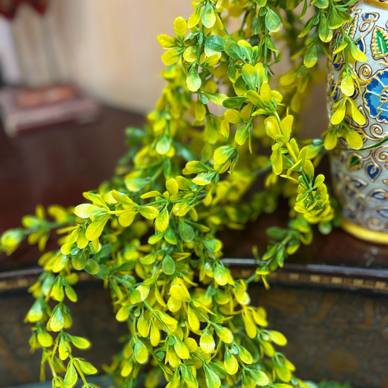 Artificial Hanging Vine | Green & Yellow Faux Leaf Garland Green Plant Bush for Creeper Decoration | Decorative Vine for Door, Temple, Diwali Decor & Home Decoration - 33 Inch - Apkamart #Style_Design 3