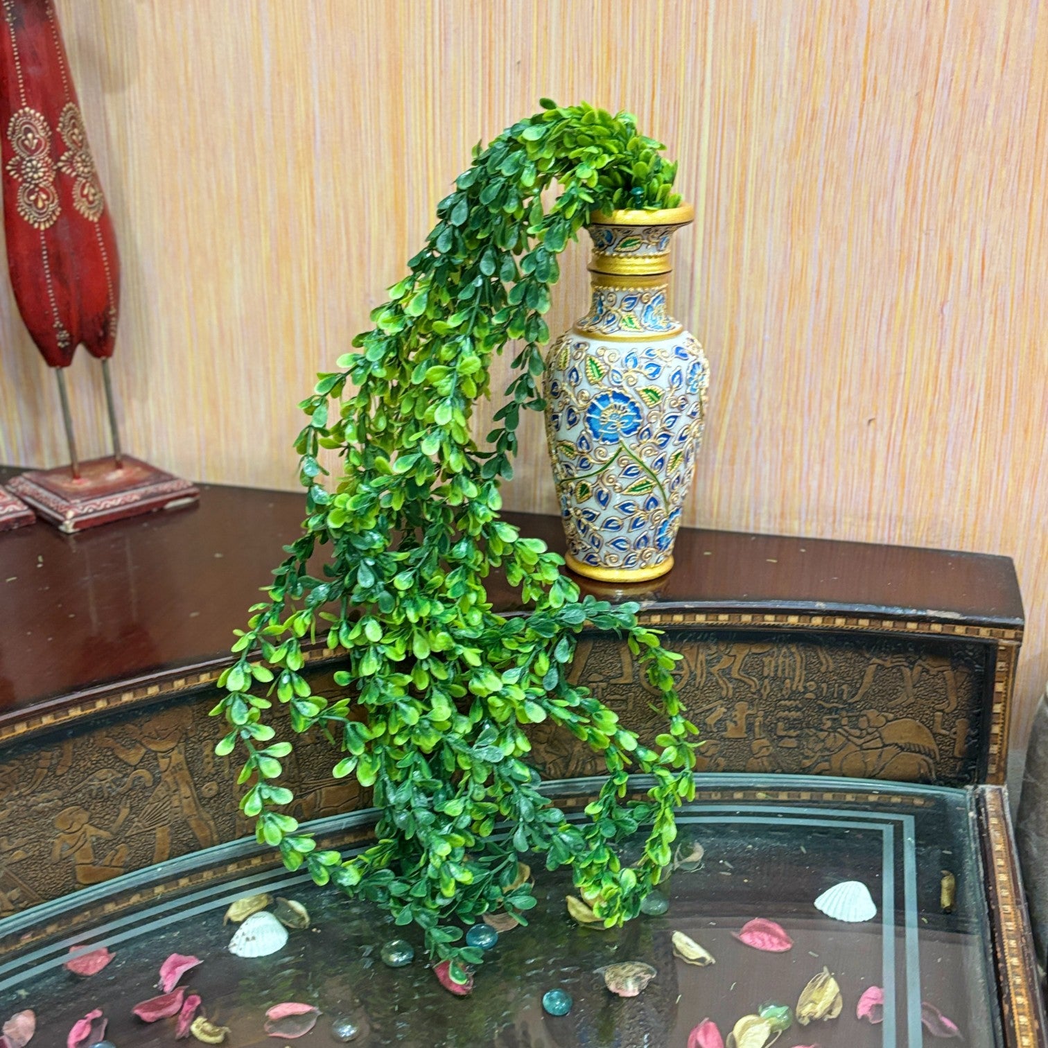 Artificial Hanging Vine | Green & Yellow Faux Leaf Garland Green Plant Bush for Creeper Decoration | Decorative Vine for Door, Temple, Diwali Decor & Home Decoration - 33 Inch - Apkamart #Style_Design 1