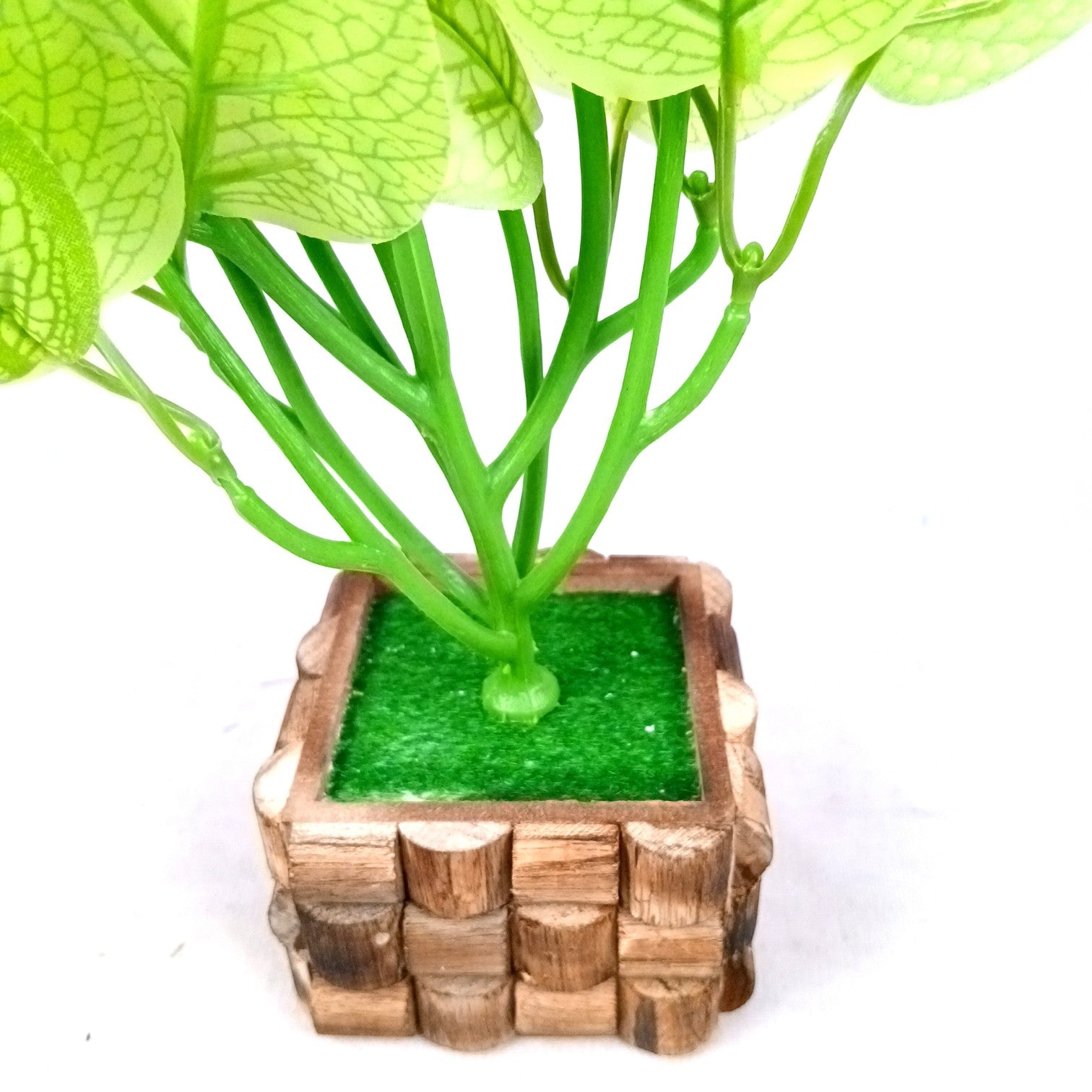 Artificial Leaf Bunch with Wooden Pot | Faux Potted Plant for Home Decor | Decorative Indoor & Outdoor Tabletop Plant for Living Room, Balcony, Office & Bedroom - 13 Inch - Apkamart #Style_Design 1