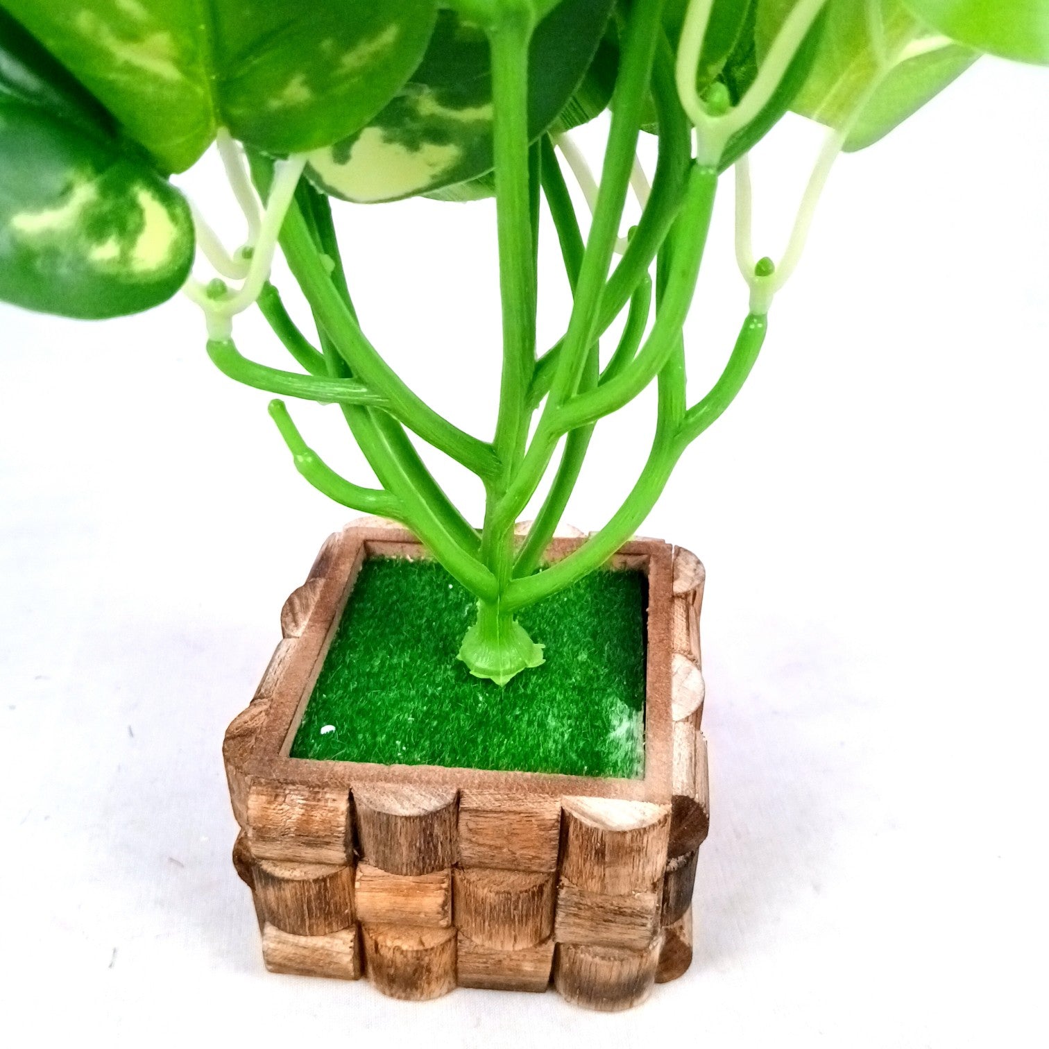 Artificial Leaf Bunch with Wooden Pot | Faux Potted Plant for Home Decor | Decorative Indoor & Outdoor Tabletop Plant for Living Room, Balcony, Office & Bedroom - 13 Inch - Apkamart #Style_Design 3
