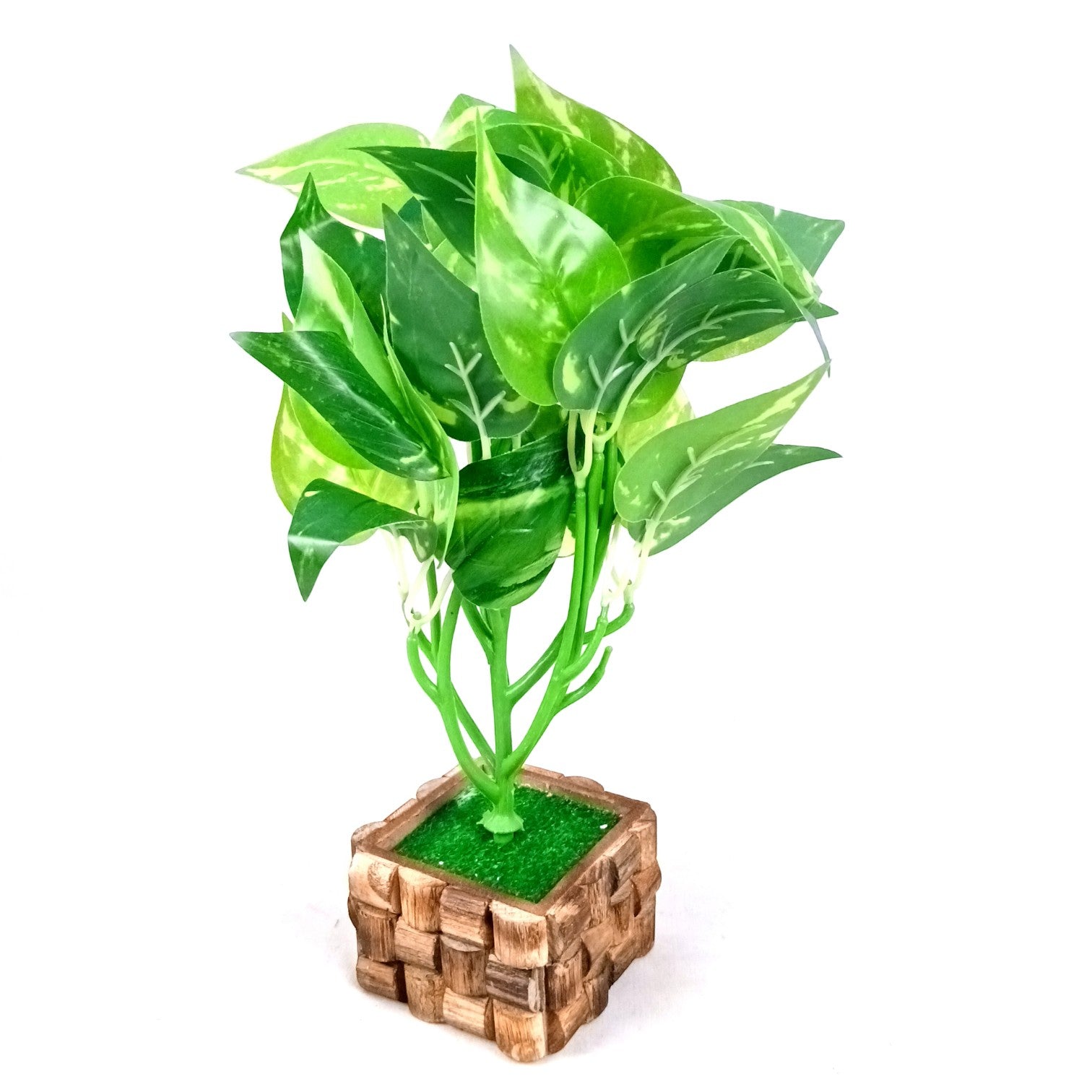 Artificial Leaf Bunch with Wooden Pot | Faux Potted Plant for Home Decor | Decorative Indoor & Outdoor Tabletop Plant for Living Room, Balcony, Office & Bedroom - 13 Inch - Apkamart #Style_Design 3