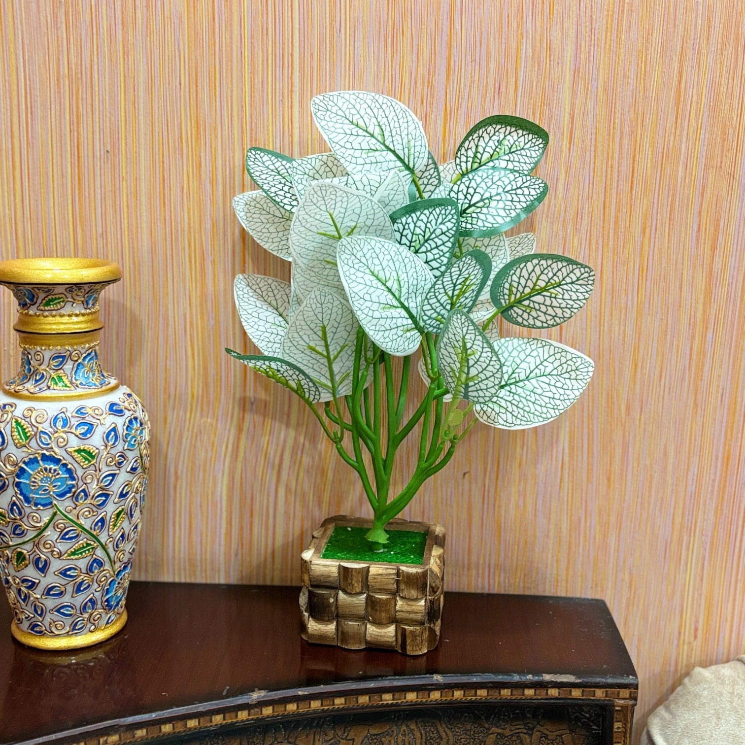 Artificial Leaf Bunch with Wooden Pot | Faux Potted Plant for Home Decor | Decorative Indoor & Outdoor Tabletop Plant for Living Room, Balcony, Office & Bedroom - 13 Inch - Apkamart #Style_Design 2