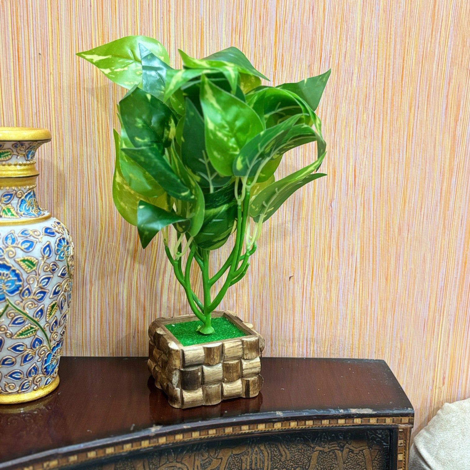 Artificial Leaf Bunch with Wooden Pot | Faux Potted Plant for Home Decor | Decorative Indoor & Outdoor Tabletop Plant for Living Room, Balcony, Office & Bedroom - 13 Inch - Apkamart #Style_Design 3