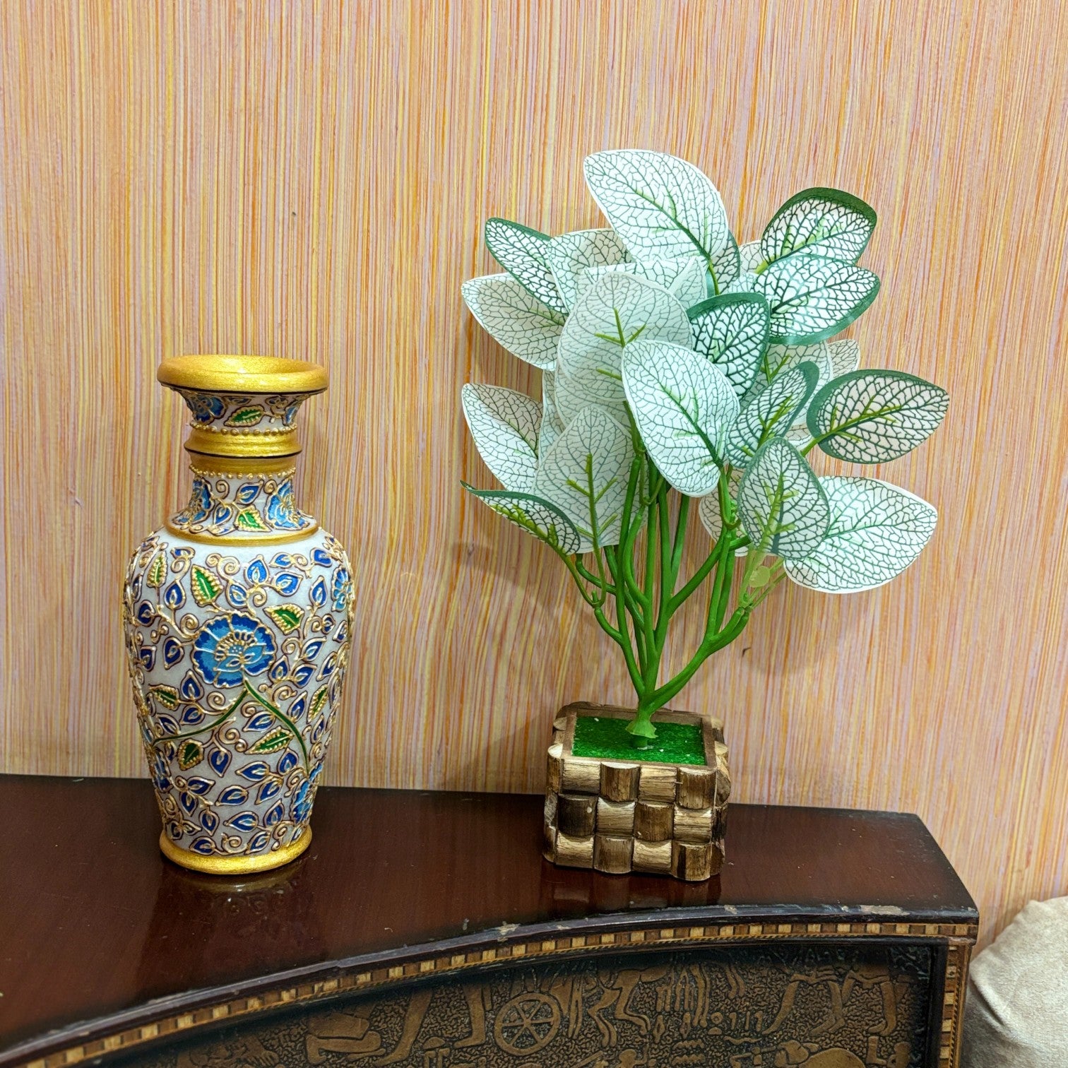 Artificial Leaf Bunch with Wooden Pot | Faux Potted Plant for Home Decor | Decorative Indoor & Outdoor Tabletop Plant for Living Room, Balcony, Office & Bedroom - 13 Inch - Apkamart #Style_Design 2