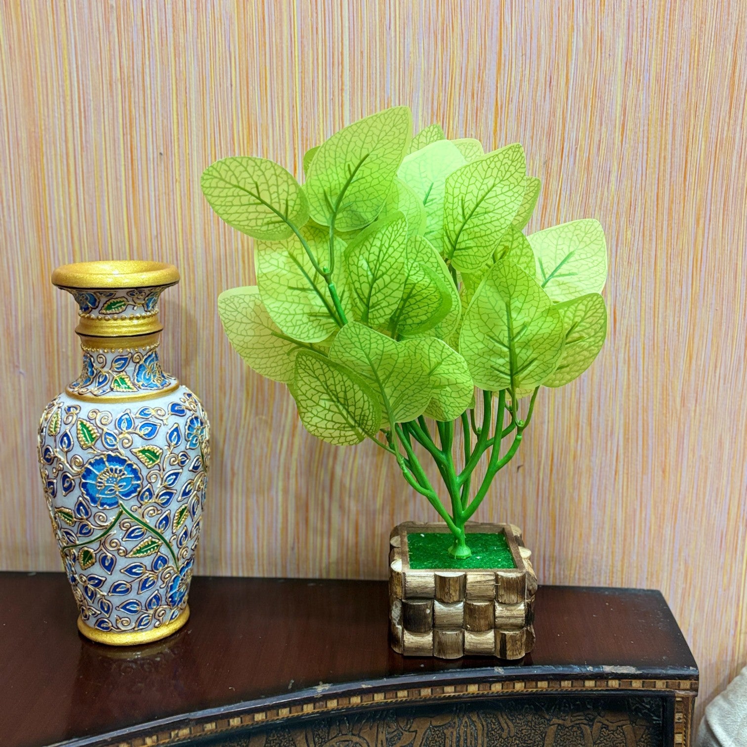 Artificial Leaf Bunch with Wooden Pot | Faux Potted Plant for Home Decor | Decorative Indoor & Outdoor Tabletop Plant for Living Room, Balcony, Office & Bedroom - 13 Inch - Apkamart #Style_Design 1