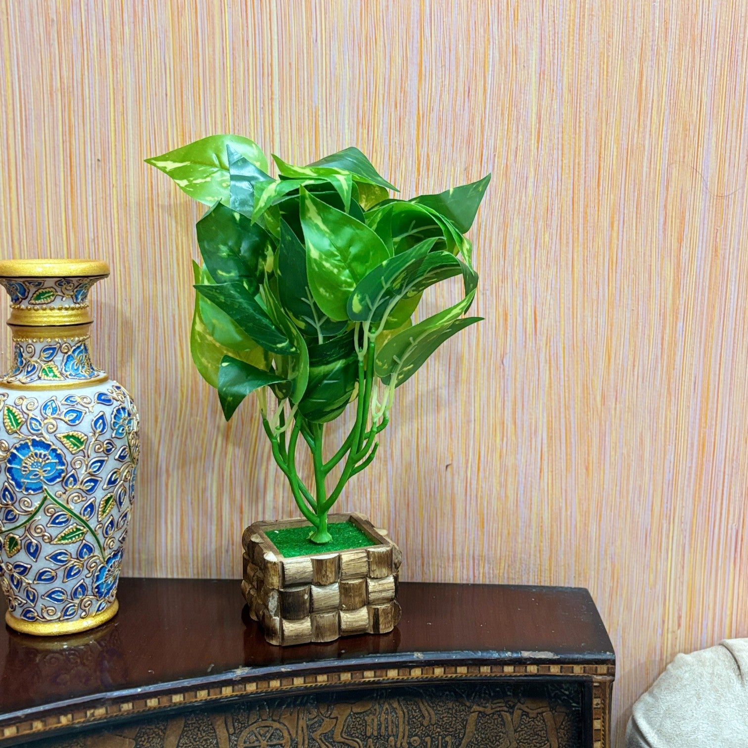 Artificial Leaf Bunch with Wooden Pot | Faux Potted Plant for Home Decor | Decorative Indoor & Outdoor Tabletop Plant for Living Room, Balcony, Office & Bedroom - 13 Inch - Apkamart #Style_Design 3