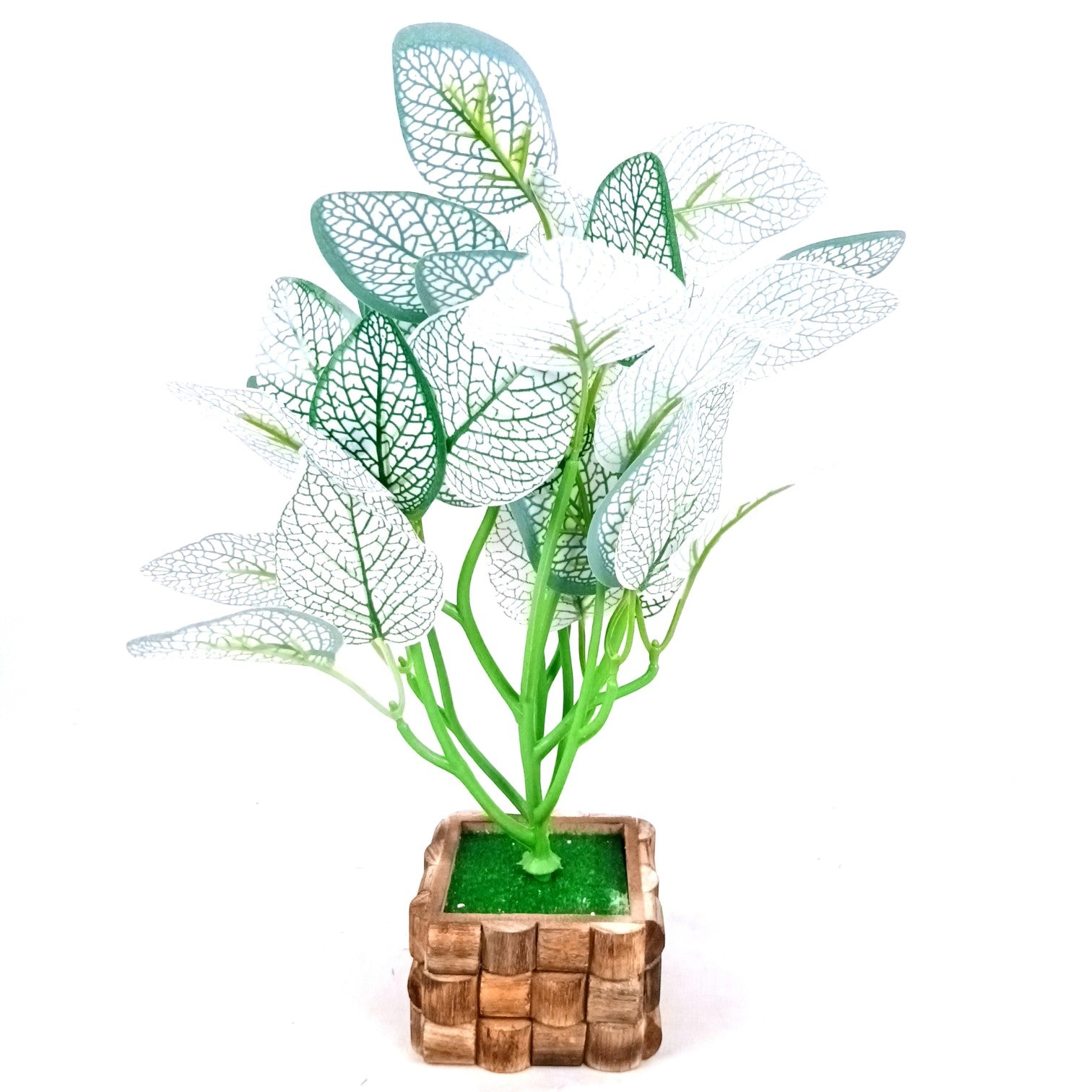 Artificial Leaf Bunch with Wooden Pot | Faux Potted Plant for Home Decor | Decorative Indoor & Outdoor Tabletop Plant for Living Room, Balcony, Office & Bedroom - 13 Inch - Apkamart #Style_Design 2