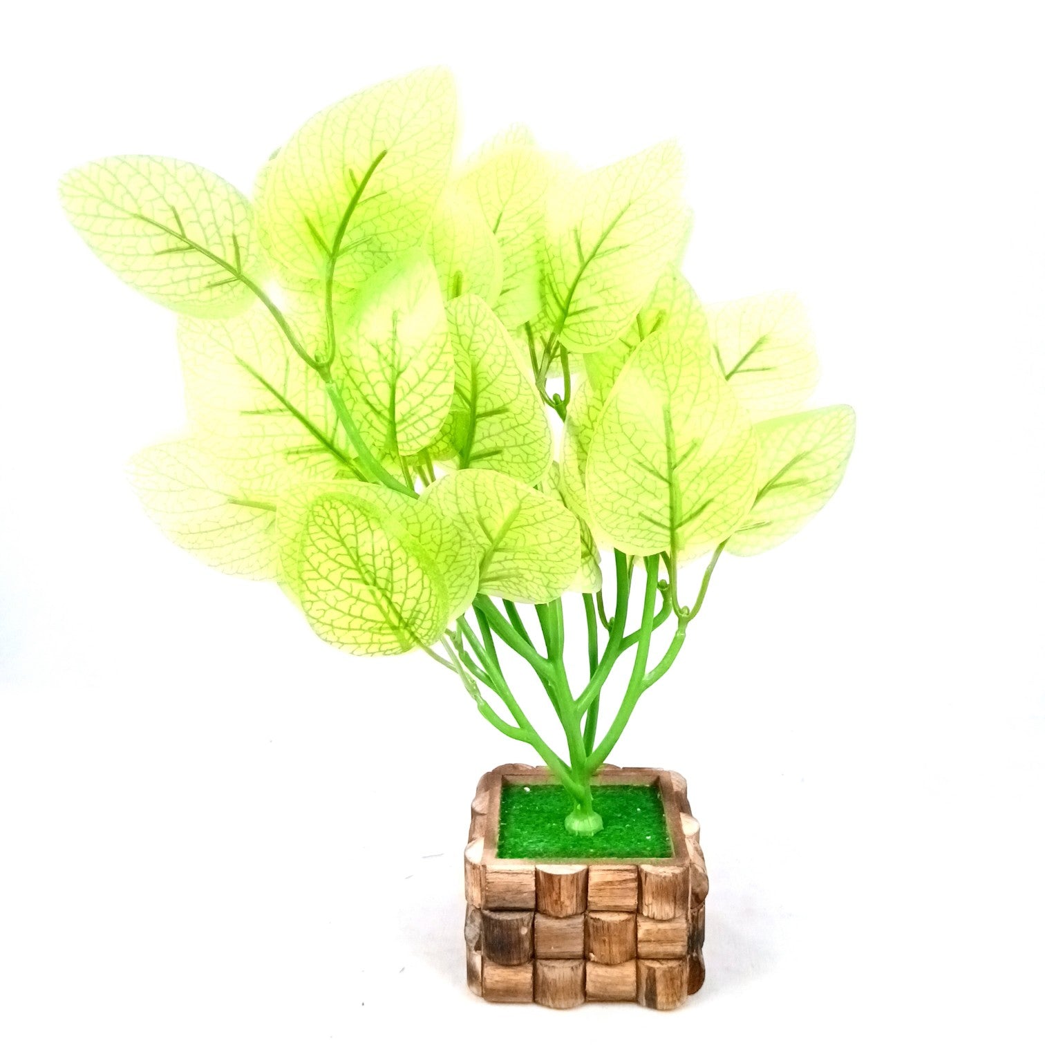 Artificial Leaf Bunch with Wooden Pot | Faux Potted Plant for Home Decor | Decorative Indoor & Outdoor Tabletop Plant for Living Room, Balcony, Office & Bedroom - 13 Inch - Apkamart #Style_Design 1