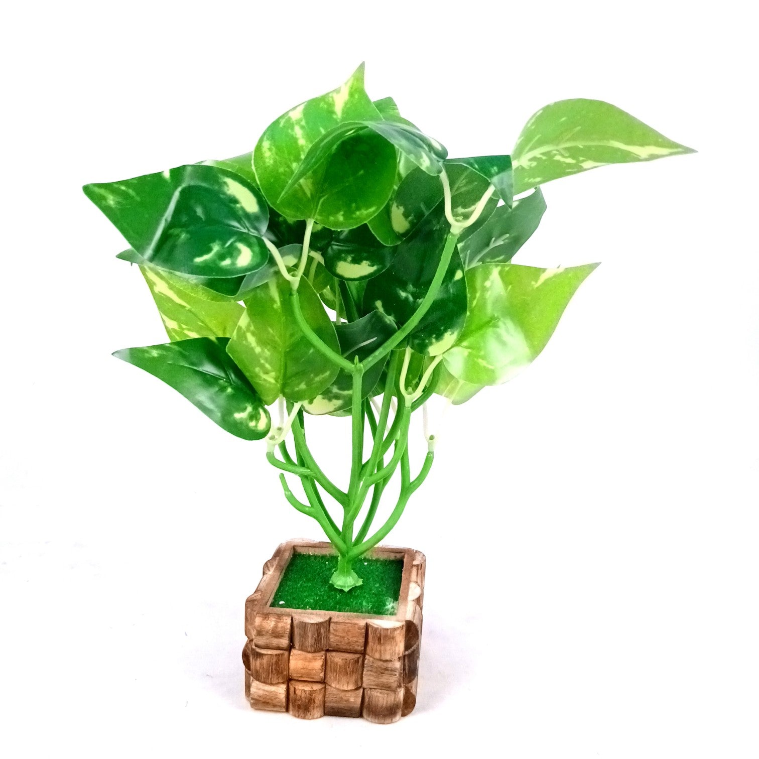 Artificial Leaf Bunch with Wooden Pot | Faux Potted Plant for Home Decor | Decorative Indoor & Outdoor Tabletop Plant for Living Room, Balcony, Office & Bedroom - 13 Inch - Apkamart #Style_Design 3