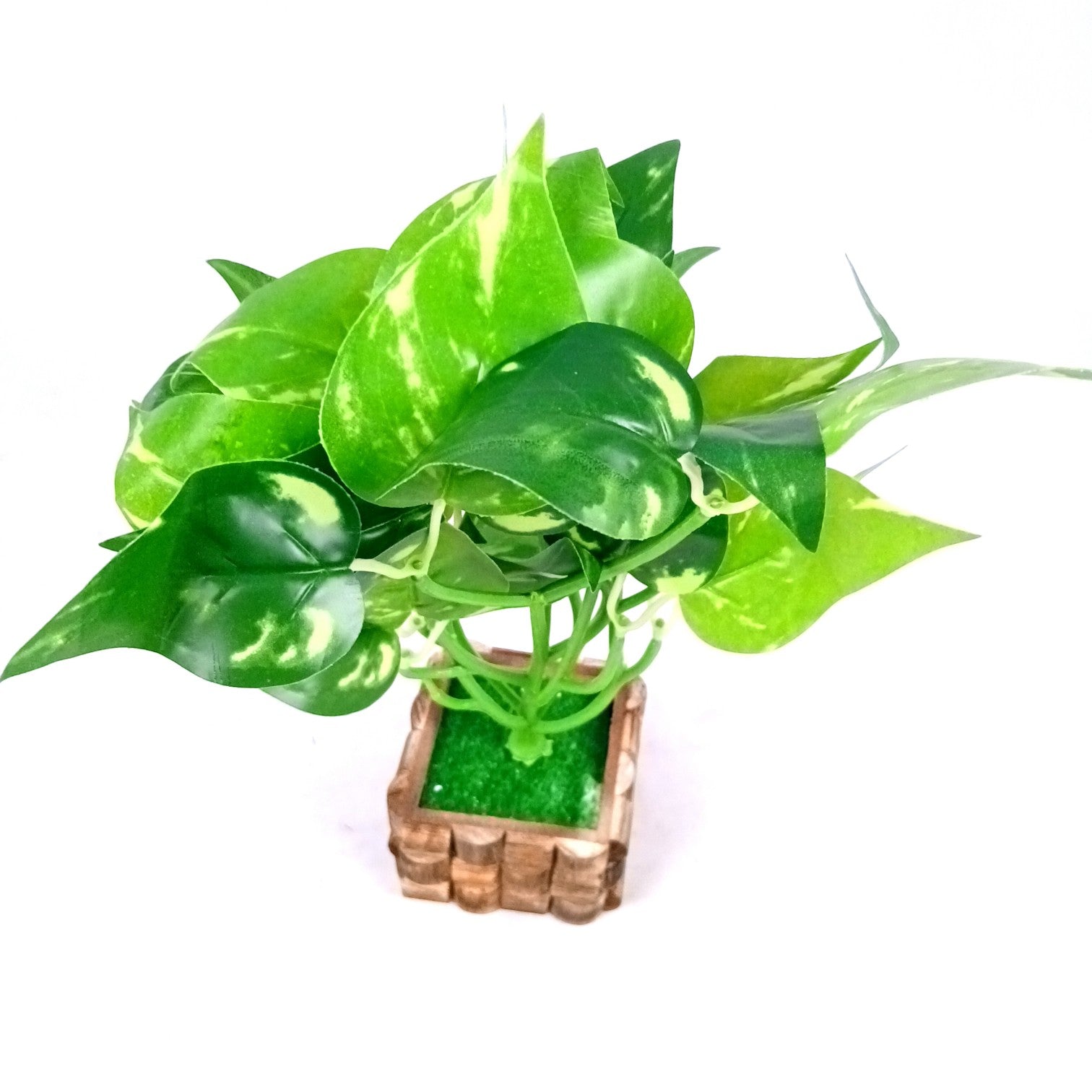 Artificial Leaf Bunch with Wooden Pot | Faux Potted Plant for Home Decor | Decorative Indoor & Outdoor Tabletop Plant for Living Room, Balcony, Office & Bedroom - 13 Inch - Apkamart #Style_Design 3