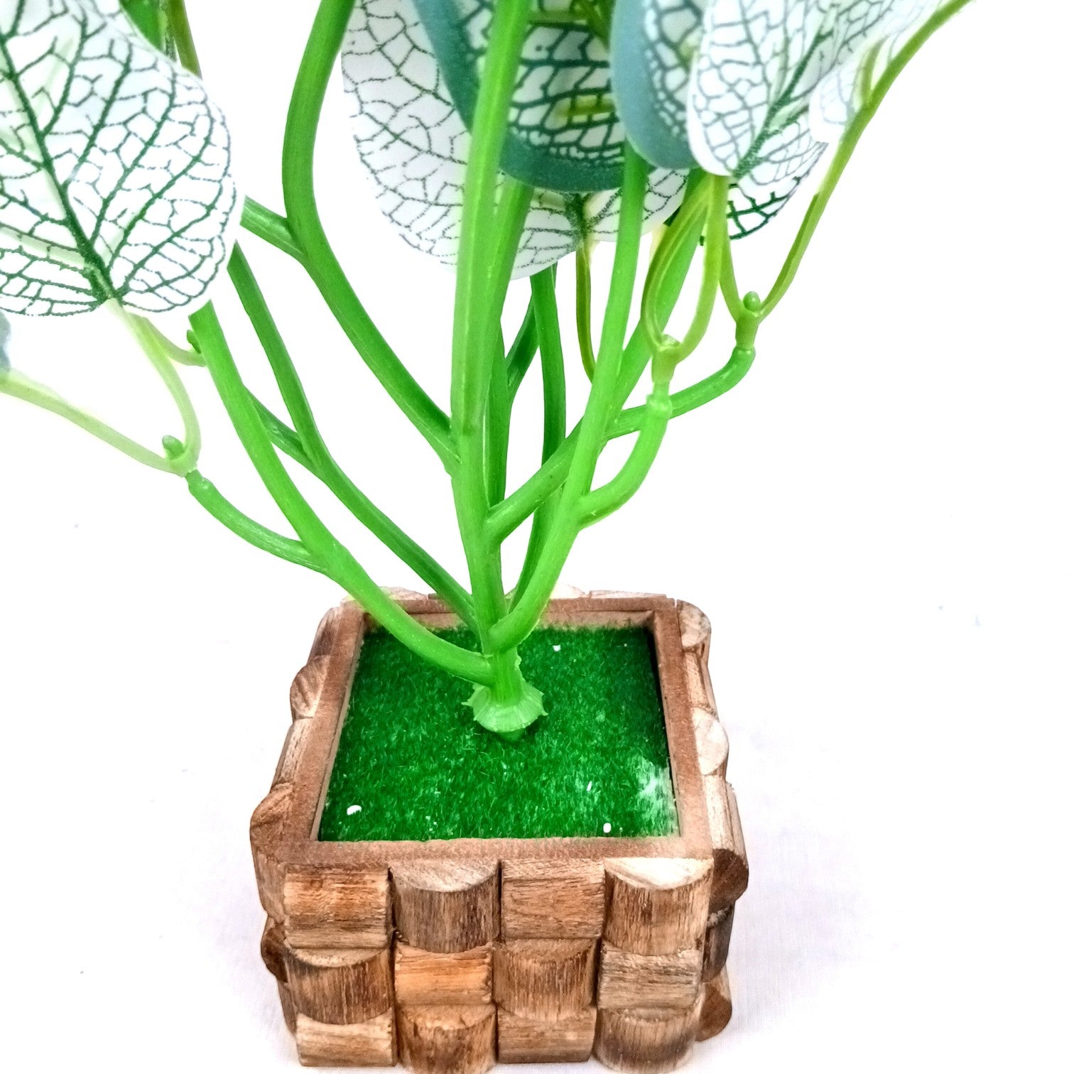 Artificial Leaf Bunch with Wooden Pot | Faux Potted Plant for Home Decor | Decorative Indoor & Outdoor Tabletop Plant for Living Room, Balcony, Office & Bedroom - 13 Inch - Apkamart #Style_Design 2