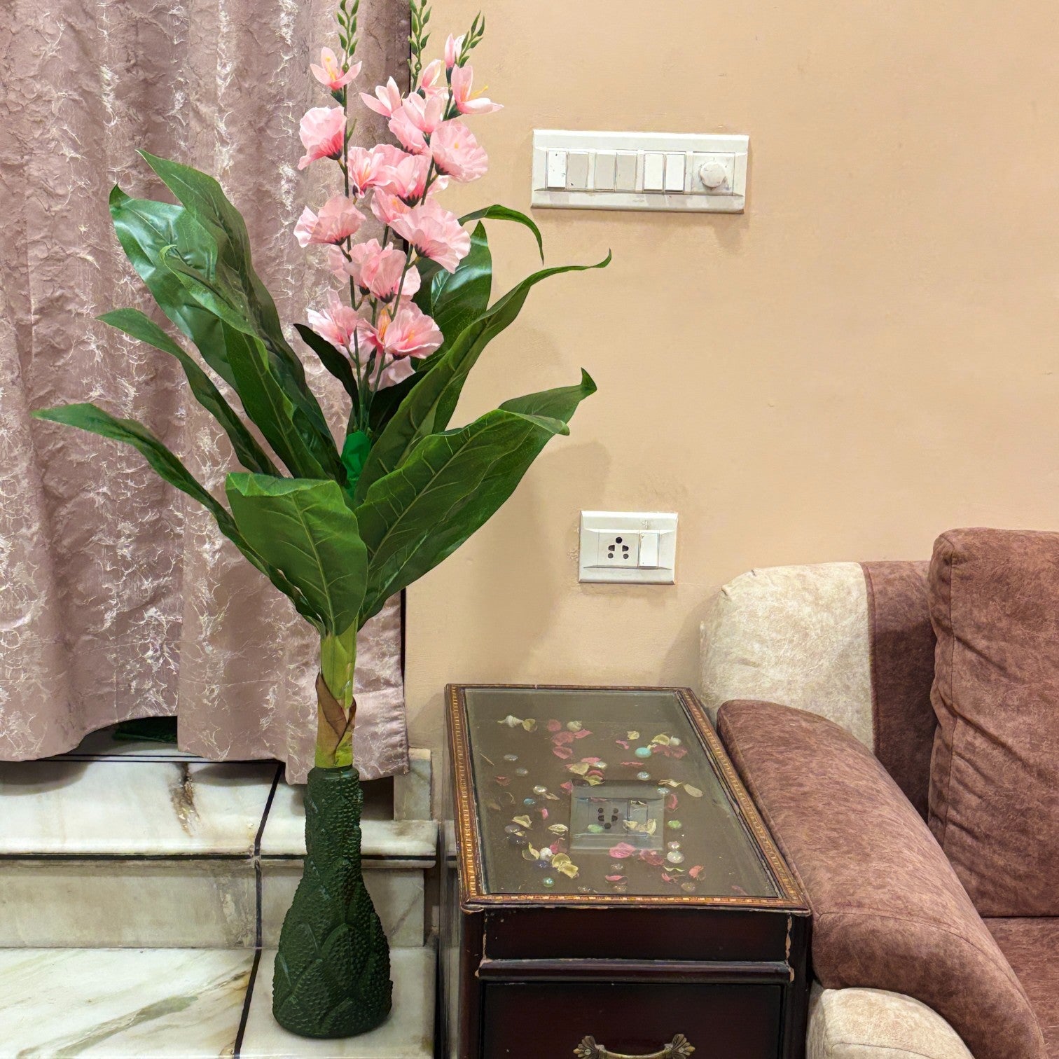 Artificial Leaf Tree with Flowers | Faux Leaf Vine Plant | Decorative Green Plant for Home Balcony Living Room Office Indoor | Diwali Decor & Gifting - 45 Inch - Apkamart #Color_Pink