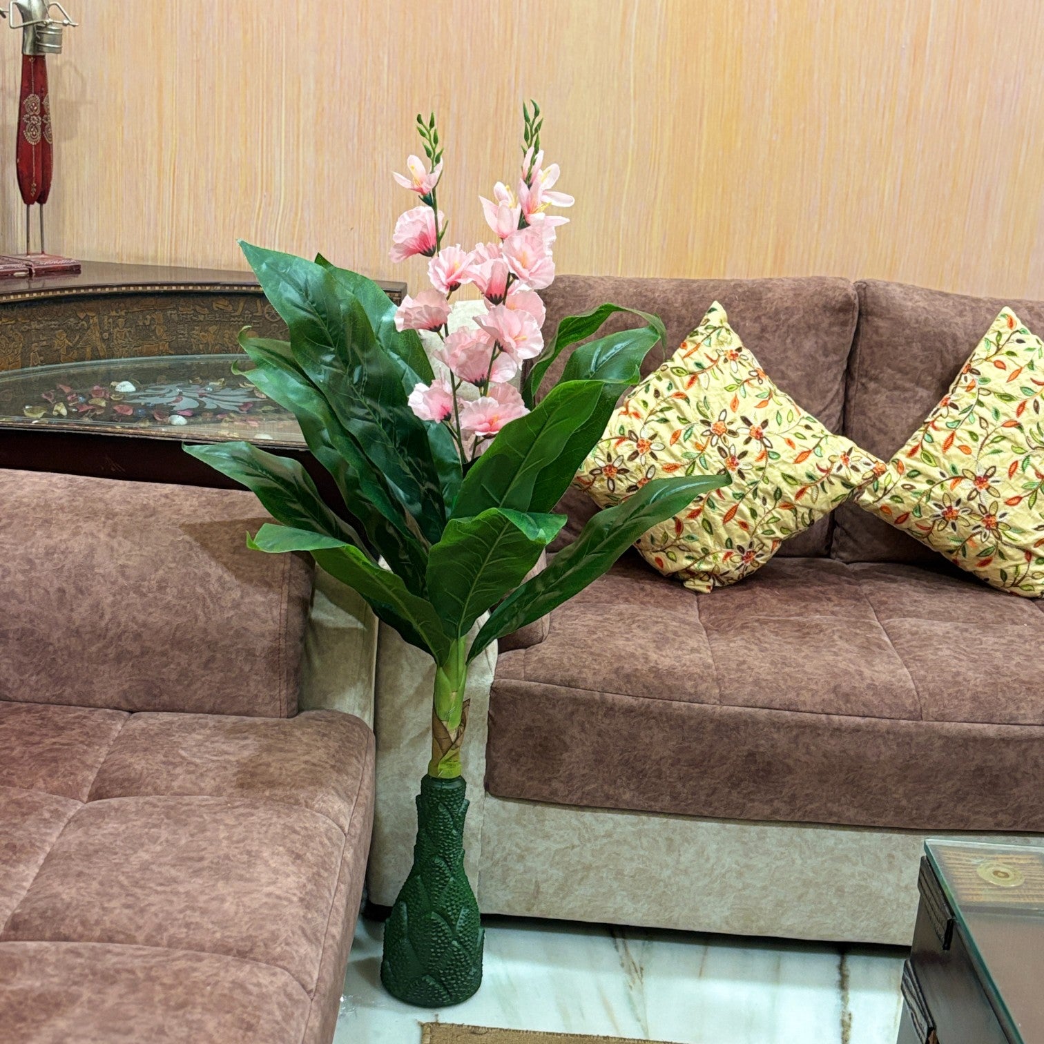 Artificial Leaf Tree with Flowers | Faux Leaf Vine Plant | Decorative Green Plant for Home Balcony Living Room Office Indoor | Diwali Decor & Gifting - 45 Inch - Apkamart #Color_Pink