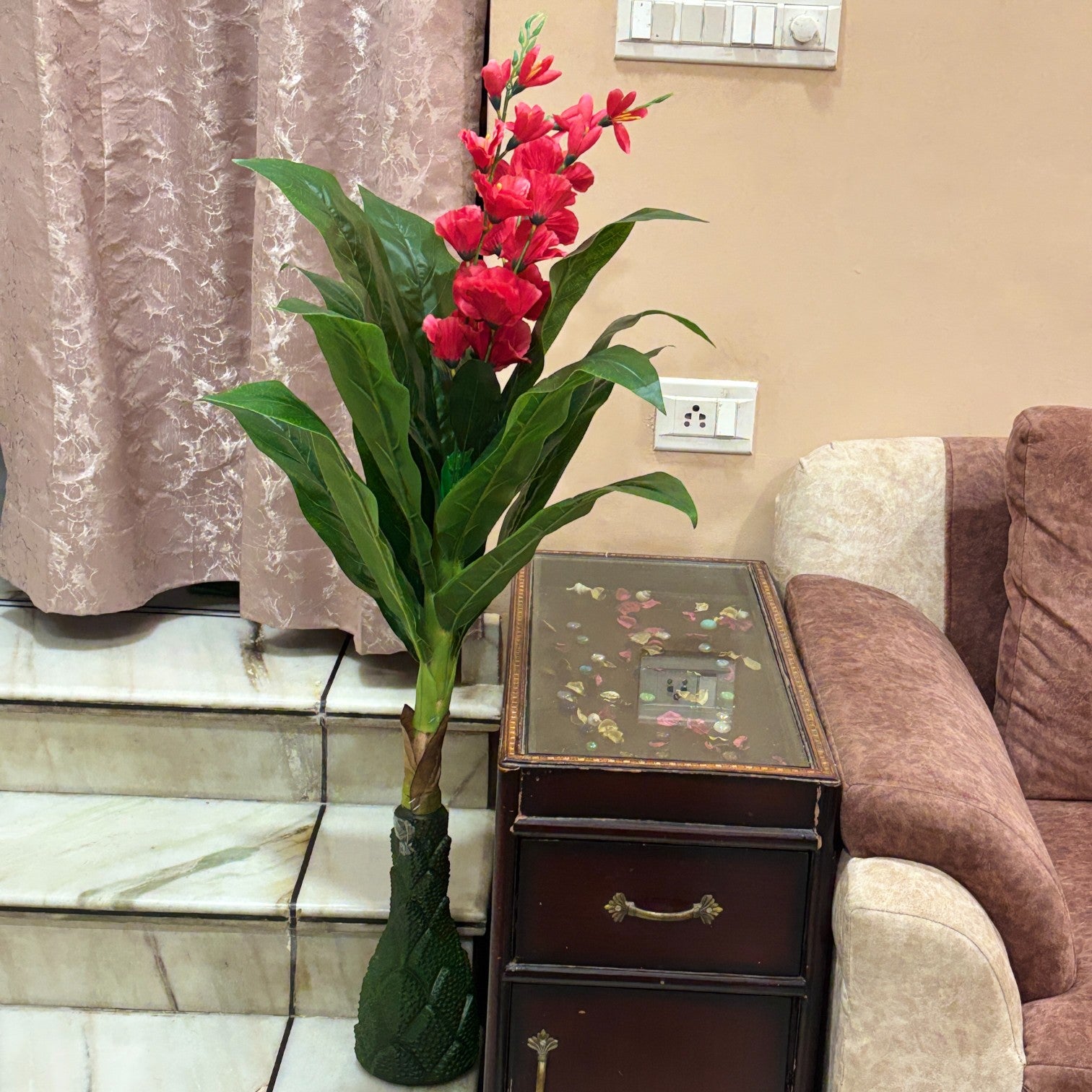Artificial Green Leaf Tree with Flowers | Faux Decorative Plant for Home, Office & Balcony | Artificial Leaf Tree for Living Room, Bedroom, Patio, Garden - 45 Inch - Apkamart #Color_Pink
