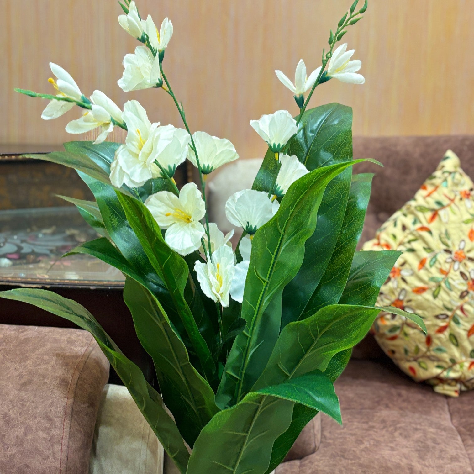 Artificial Green Leaf Tree with Flowers | Faux Decorative Plant for Home, Office & Balcony | Artificial Leaf Tree for Living Room, Bedroom, Patio, Garden - 45 Inch - Apkamart #Color_White