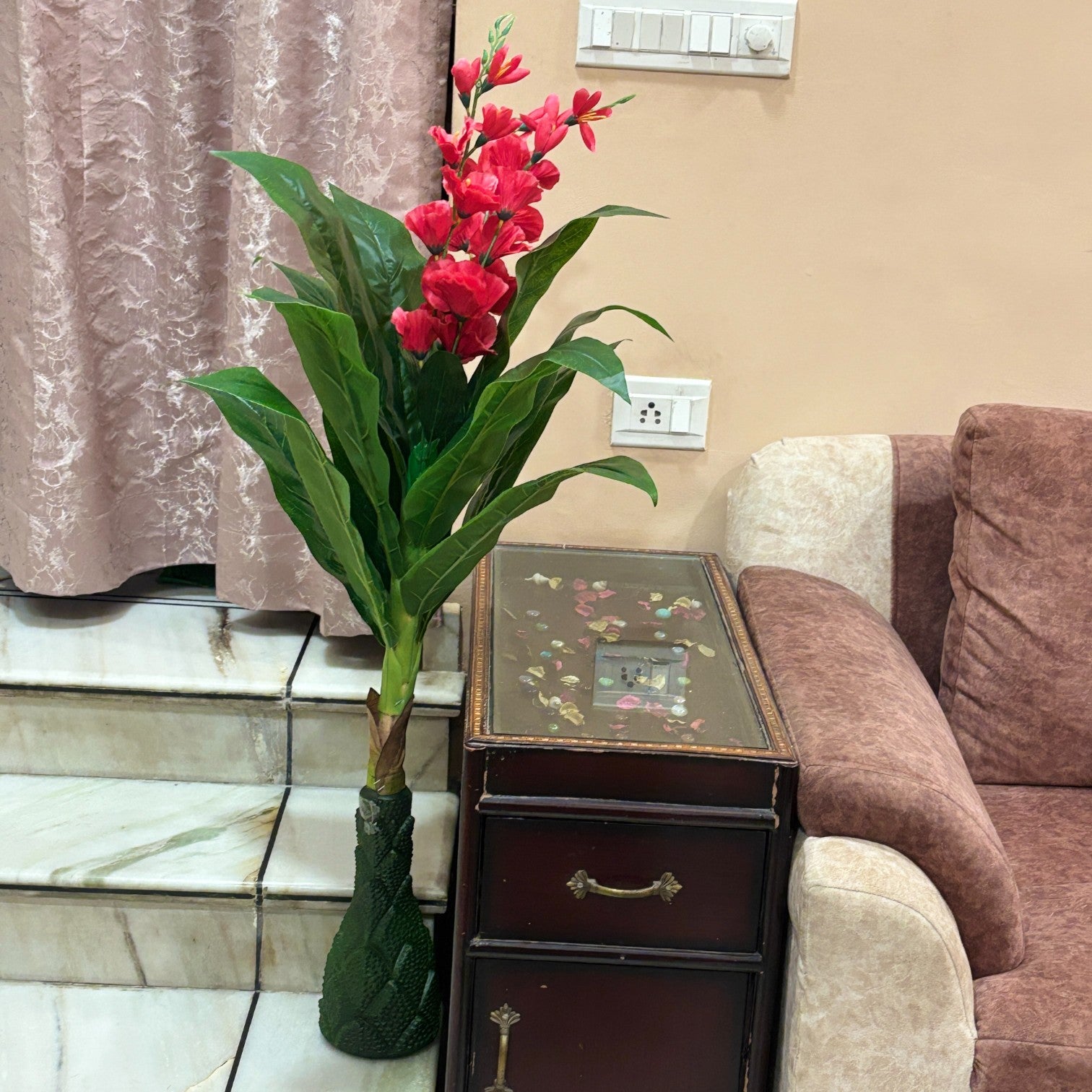 Artificial Green Leaf Tree with Flowers | Faux Decorative Plant for Home, Office & Balcony | Artificial Leaf Tree for Living Room, Bedroom, Patio, Garden - 45 Inch - Apkamart #Color_Pink