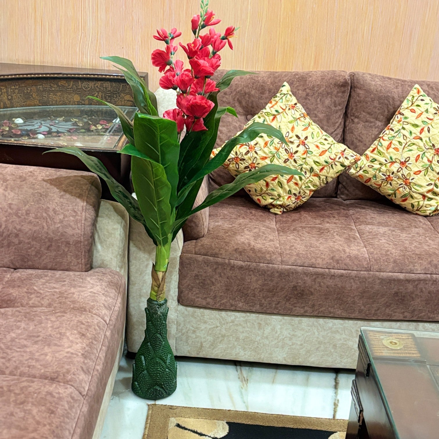 Artificial Green Leaf Tree with Flowers | Faux Decorative Plant for Home, Office & Balcony | Artificial Leaf Tree for Living Room, Bedroom, Patio, Garden - 45 Inch - Apkamart #Color_Pink