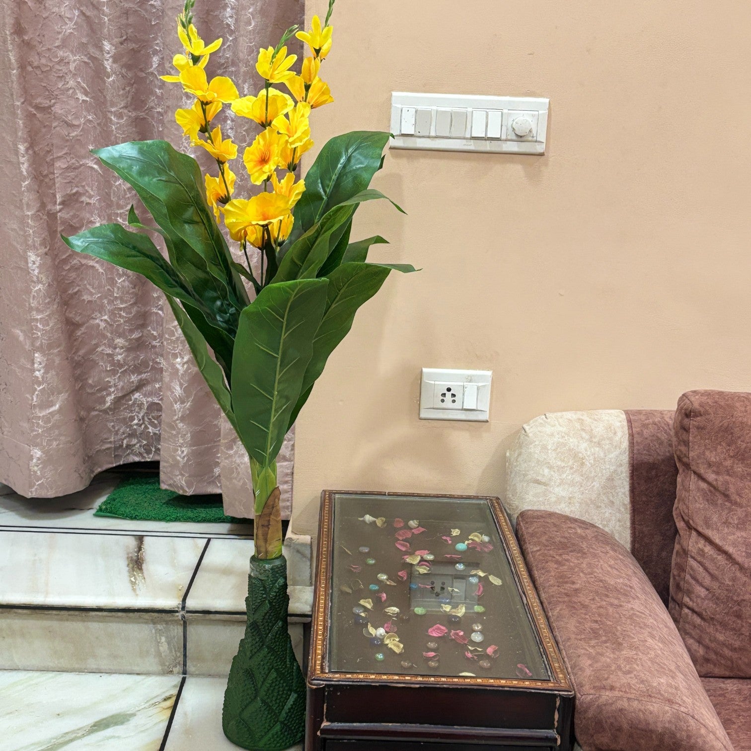 Artificial Leaf Tree with Flowers | Faux Leaf Vine Plant | Decorative Green Plant for Home Balcony Living Room Office Indoor | Diwali Decor & Gifting - 45 Inch - Apkamart #Color_Yellow