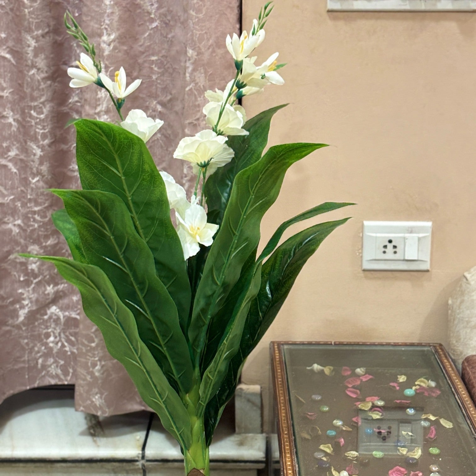 Artificial Green Leaf Tree with Flowers | Faux Decorative Plant for Home, Office & Balcony | Artificial Leaf Tree for Living Room, Bedroom, Patio, Garden - 45 Inch - Apkamart #Color_White