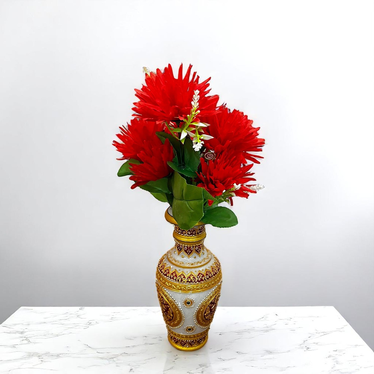 Artificial Flowers Dahlia Bunches for Vase Pot | Faux Flowers Stick - for Home Decor, Living Room, Wedding & Party Decoration  (Vase Not Included) - 15 Inch - Apkamart #Colour_Red