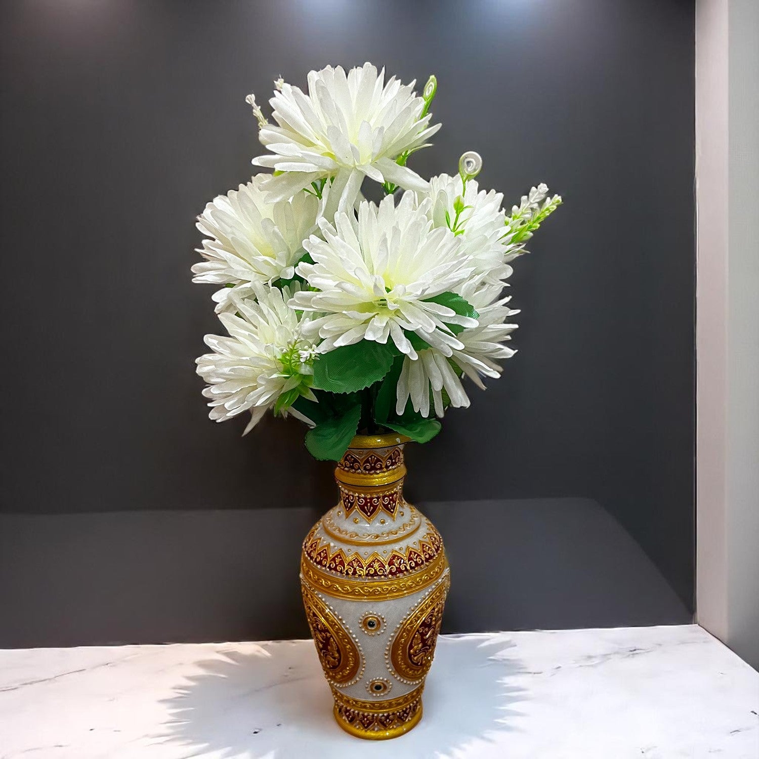 Artificial Flowers Dahlia Bunches for Vase Pot | Faux Flowers Stick - for Home Decor, Living Room, Wedding & Party Decoration  (Vase Not Included) - 15 Inch - Apkamart #Colour_White