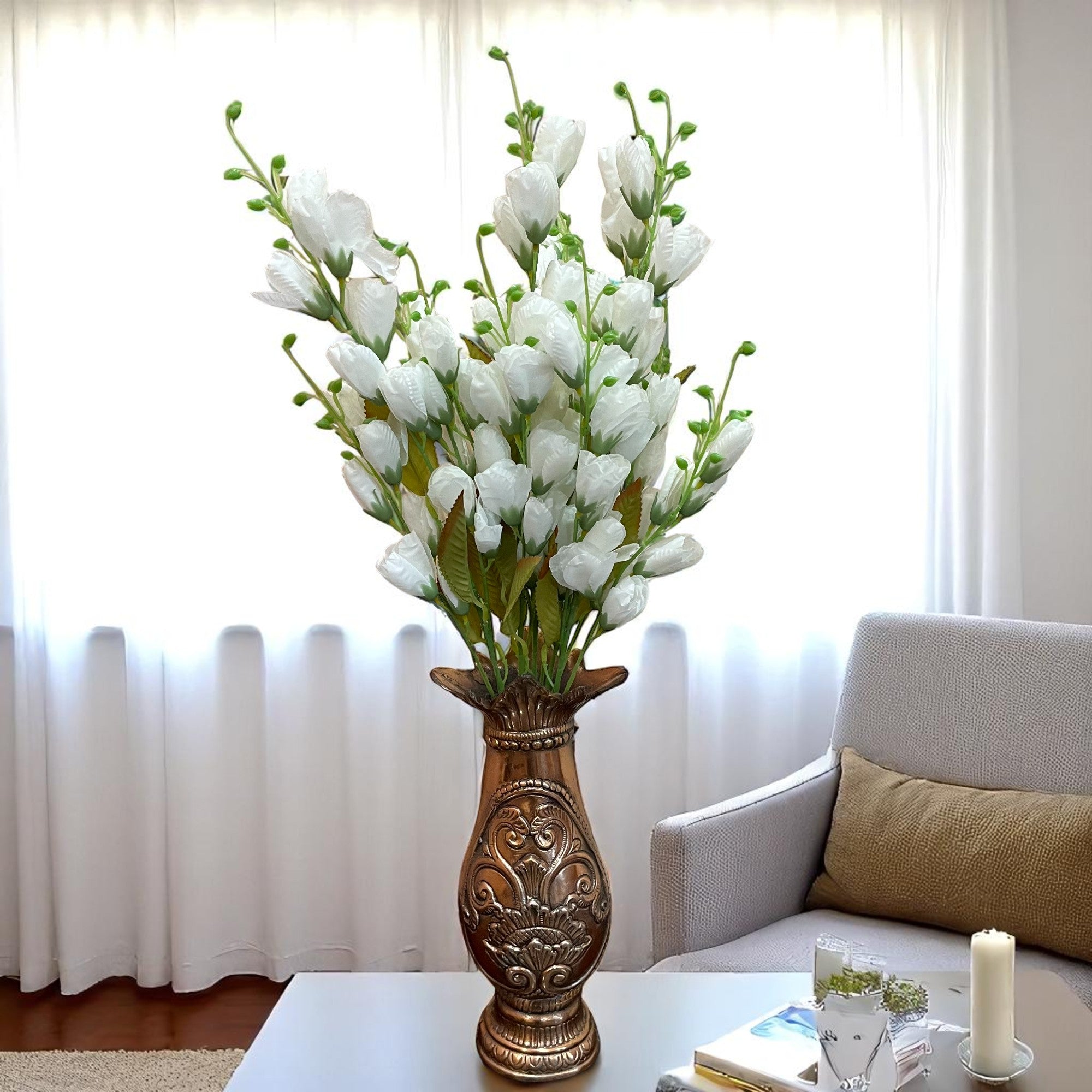 Artificial Flowers | Faux Tulips Flowers Bunch - for Home Decor, Office Corner, Living Room, Side Table, Centerpiece - 27 Inch - Apkamart #Colour_White