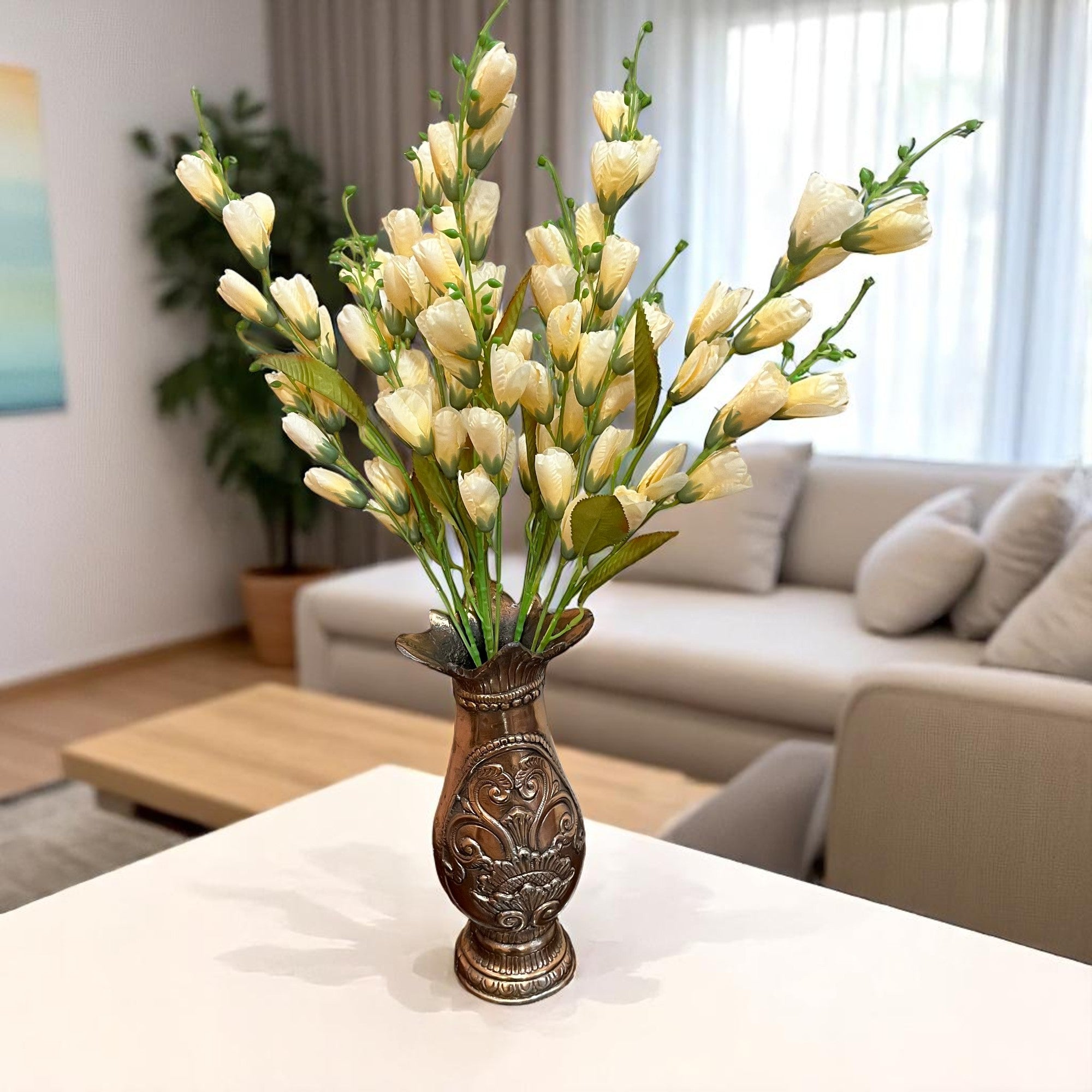 Artificial Flowers | Faux Tulips Flowers Bunch - for Home Decor, Office Corner, Living Room, Side Table, Centerpiece - 27 Inch - Apkamart #Colour_Cream