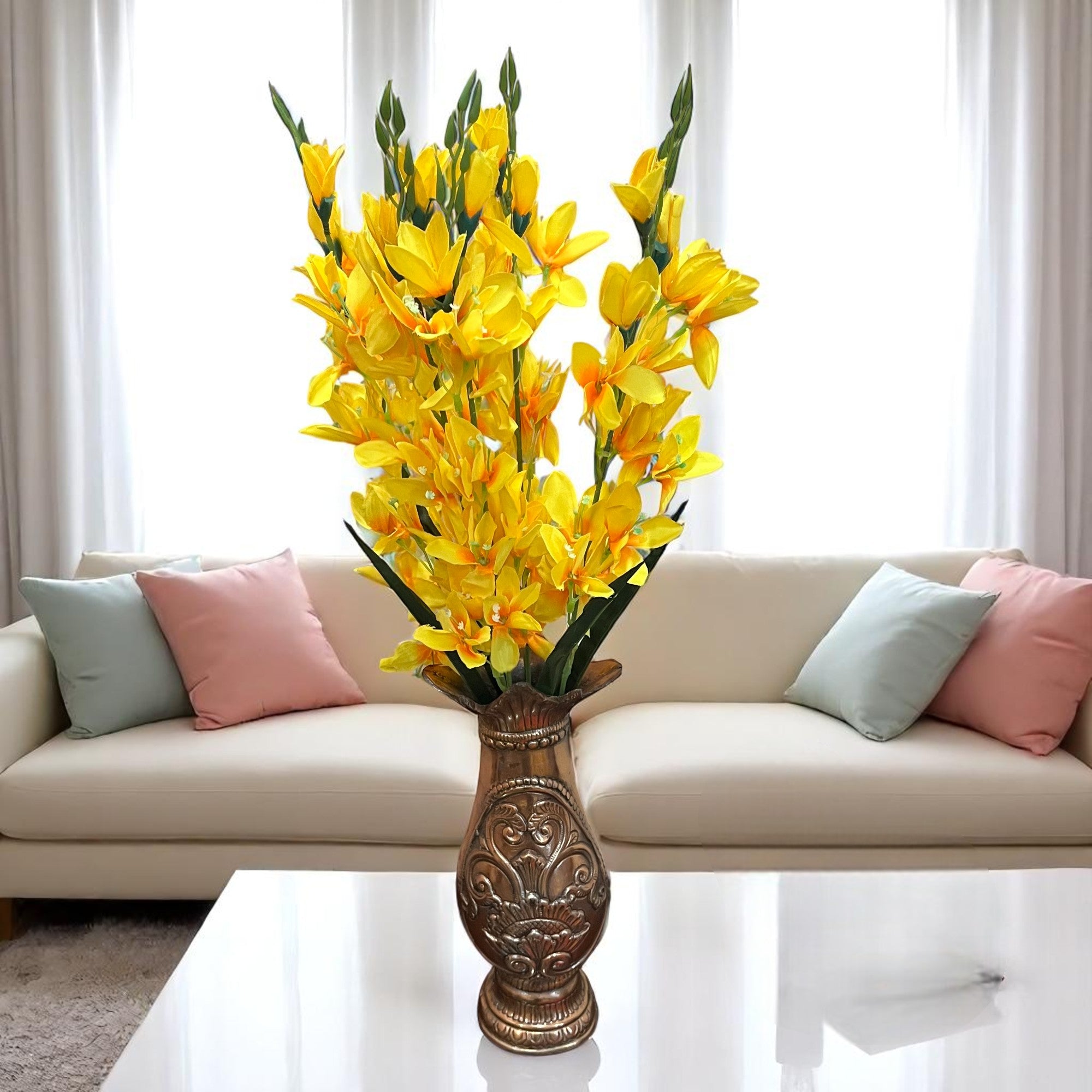 Artificial Flowers Gladiolus Bunches for Vase Pot | Faux Flowers Stem - for Home Decor Living Room Side Table - 26 Inch - Apkamart #Colour_Yellow