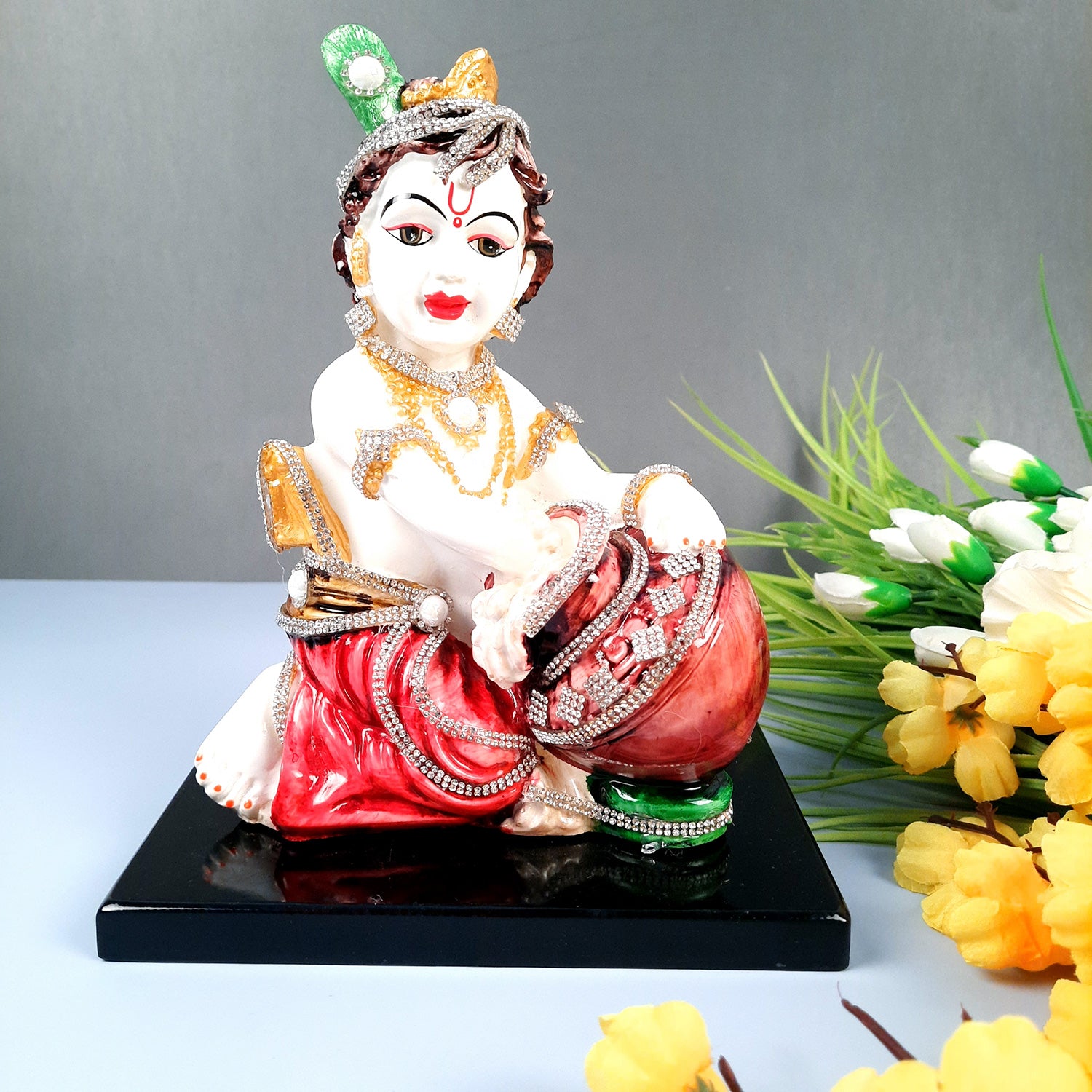 Bal Gopal Statue | Laddu Gopal Idol With Premium Finish & Beads Work | Makhan Chor Baby Krishna Murti - for Pooja, Home, Office Decor & Gifts - 7 Inch - apkamart