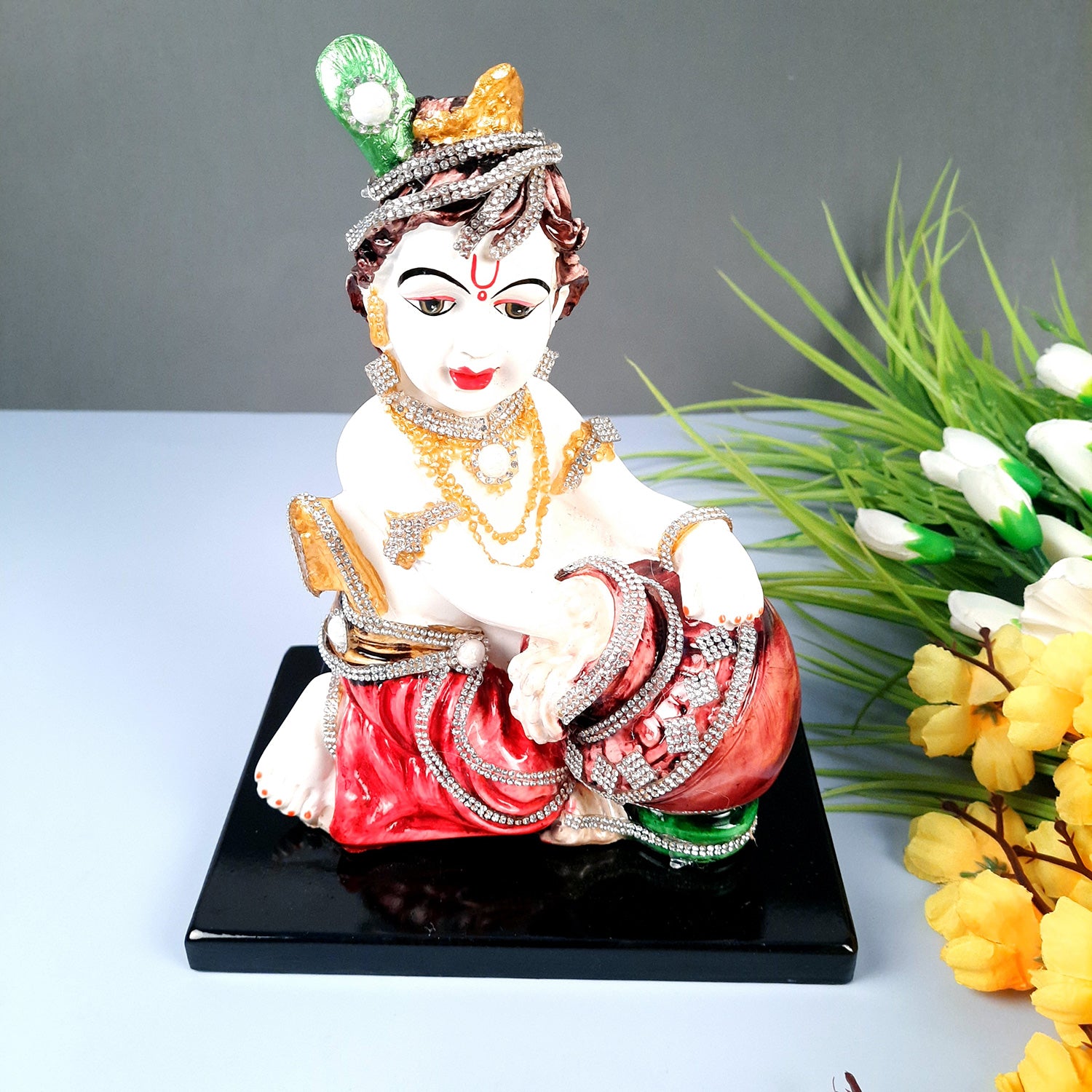 Bal Gopal Statue | Laddu Gopal Idol With Premium Finish & Beads Work | Makhan Chor Baby Krishna Murti - for Pooja, Home, Office Decor & Gifts - 7 Inch - apkamart