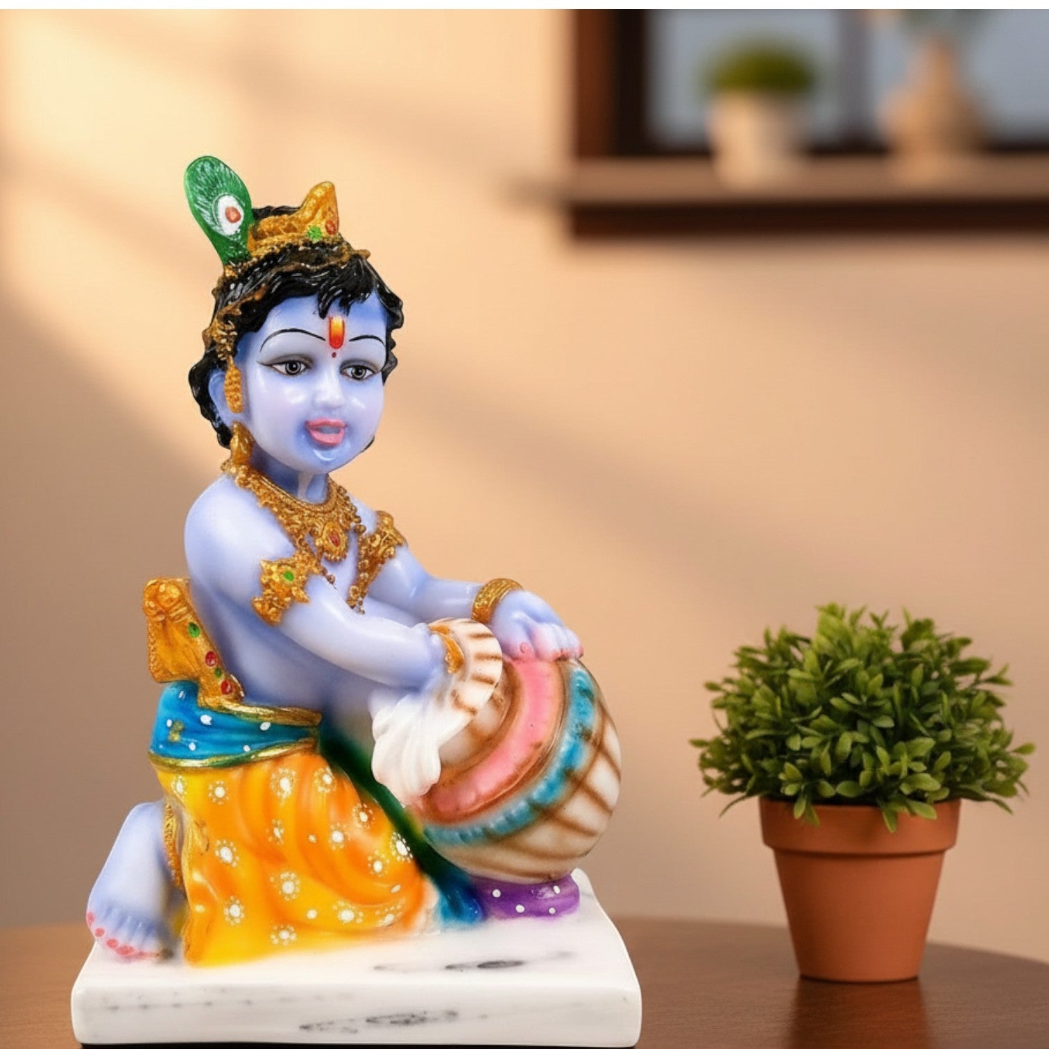 Bal Gopal Krishna Statue | Laddu Gopal Resin Idol for Home, Pooja Room & Vastu | Kanha Statue With Makhan | Religious Table Decor & Diwali Gift - 9 Inch - Apkamart