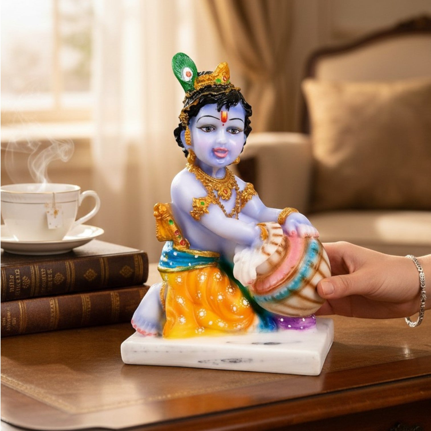 Bal Gopal Krishna Statue | Laddu Gopal Resin Idol for Home, Pooja Room & Vastu | Kanha Statue With Makhan | Religious Table Decor & Diwali Gift - 9 Inch - Apkamart