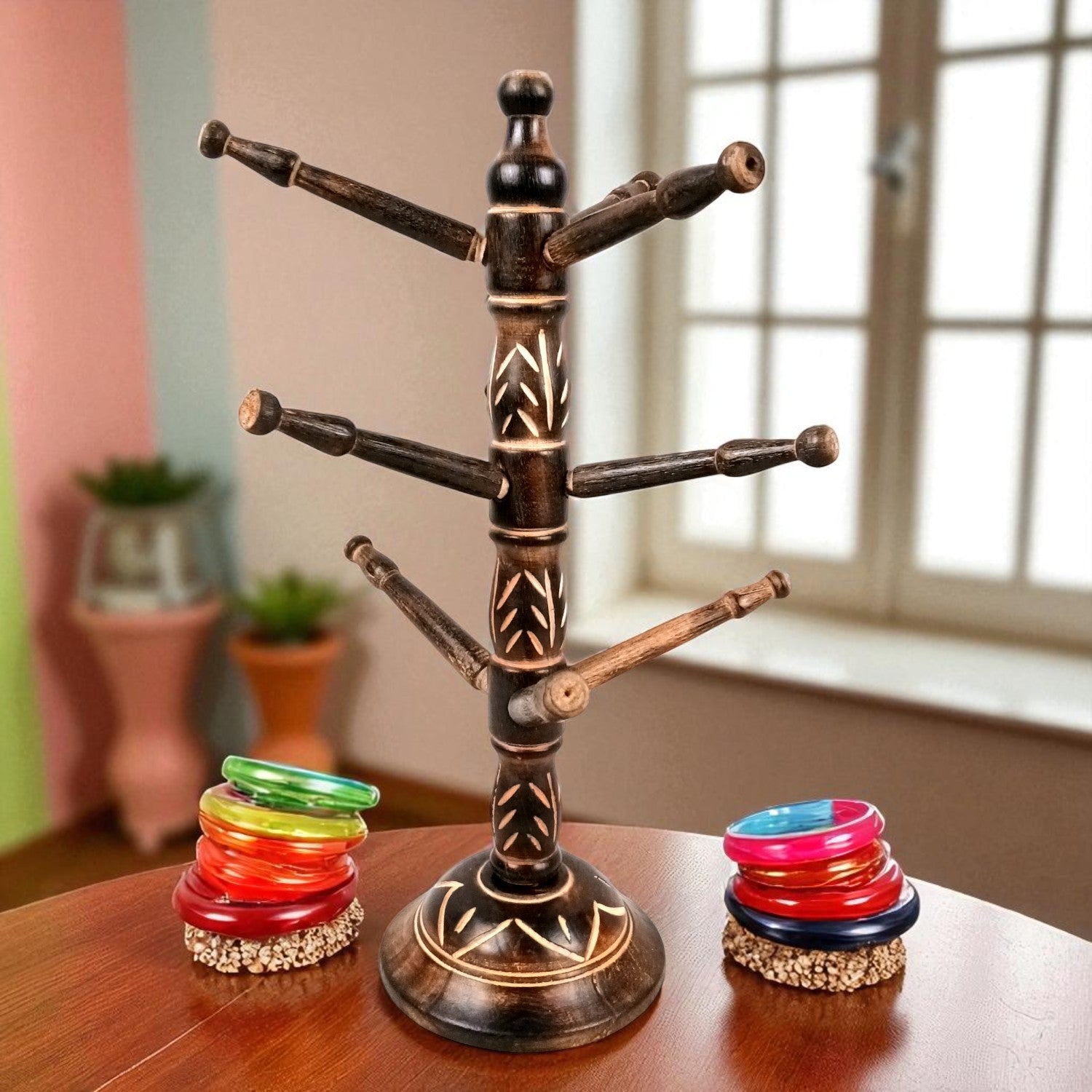Wooden Bangle Holder 9 Tier Bar | Jewellery & Choori Stand Hanger - Tree Design - for Women / Girls, Bracelet, Jewelry Display Organizer - 15 Inch - Apkamart