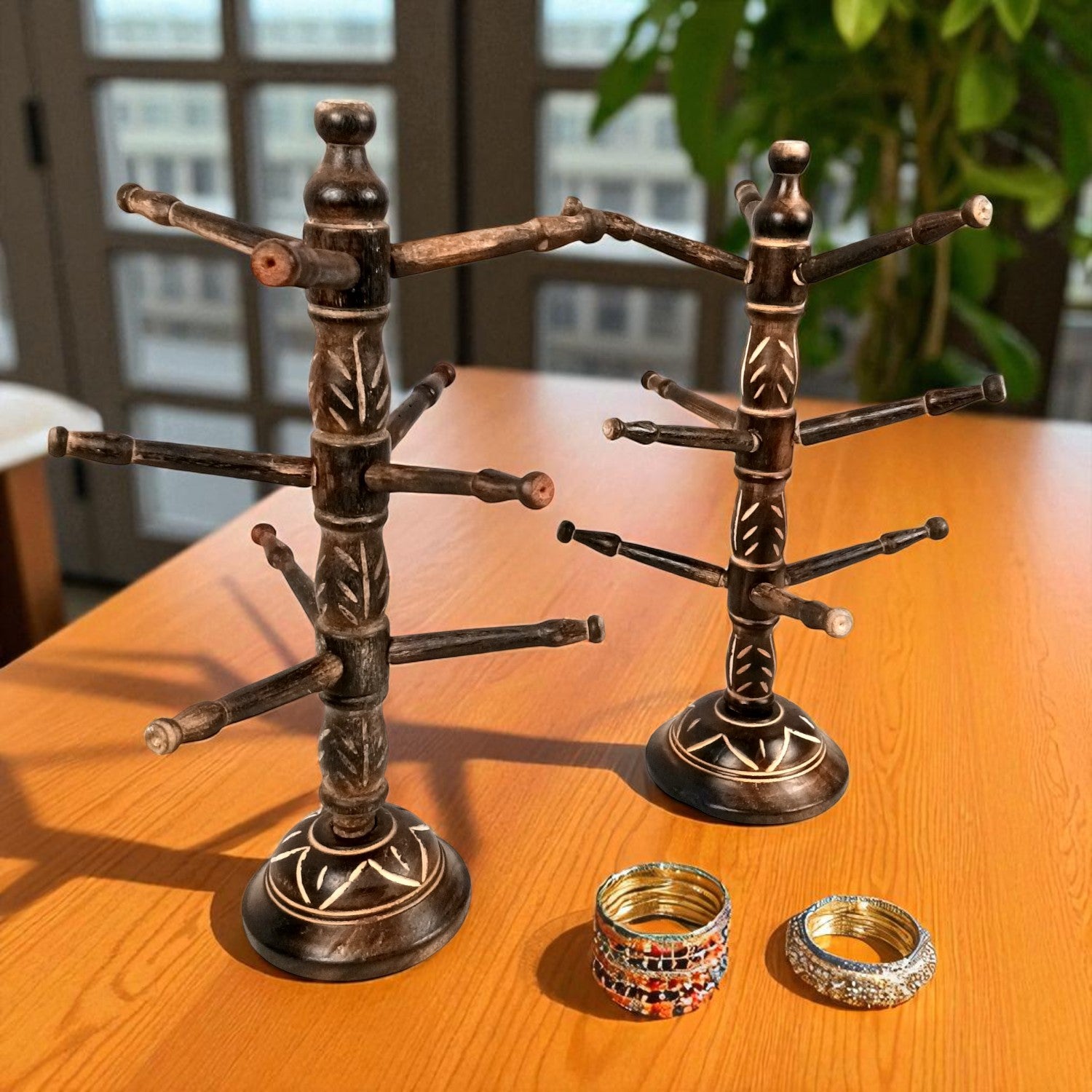 Wooden Bangle Holder 9 Tier Bar | Jewellery & Choori Stand Hanger - Tree Design - for Women / Girls, Bracelet, Jewelry Display Organizer - 15 Inch (pack Of 2) - Apkamart