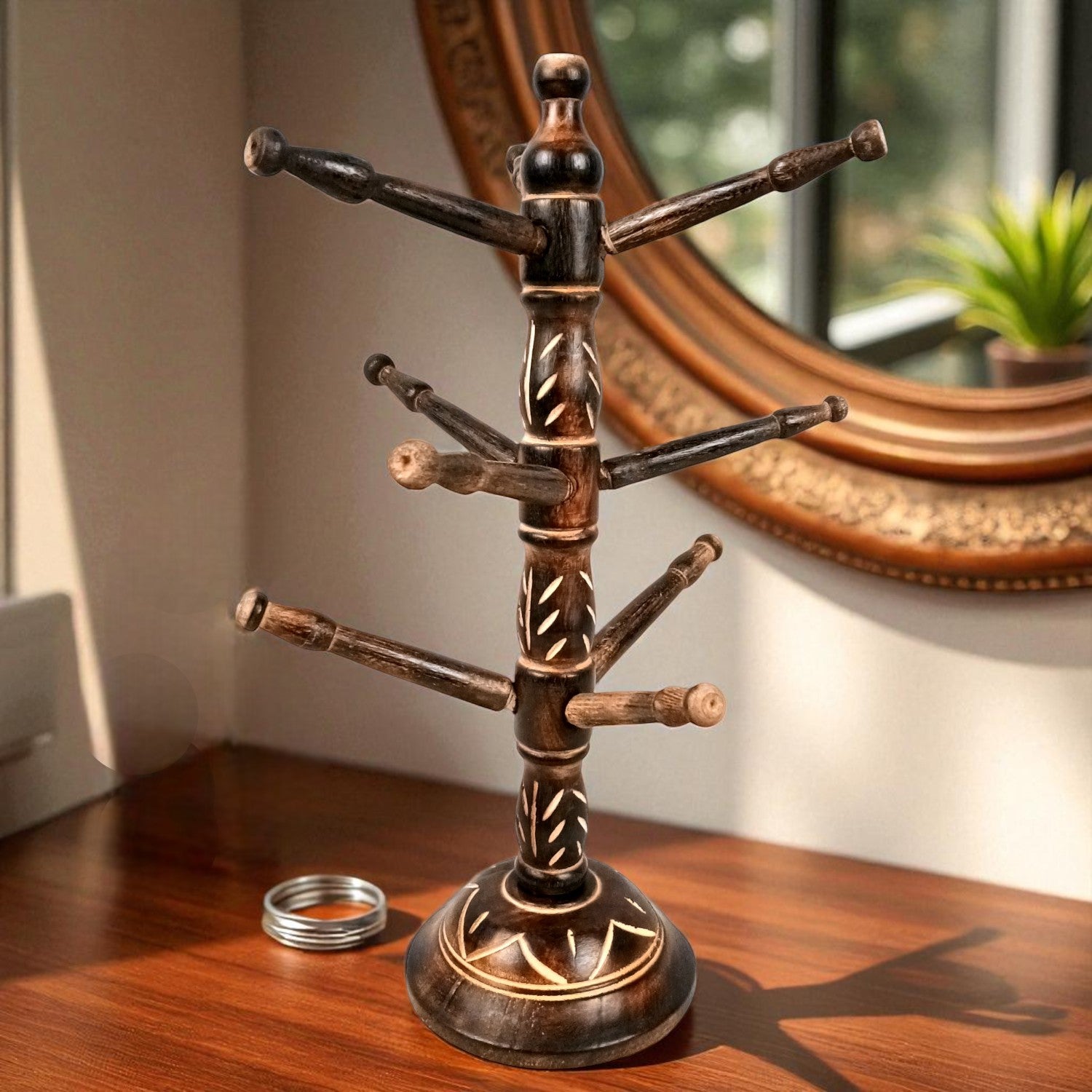 Wooden Bangle Holder 9 Tier Bar | Jewellery & Choori Stand Hanger - Tree Design - for Women / Girls, Bracelet, Jewelry Display Organizer - 15 Inch - Apkamart