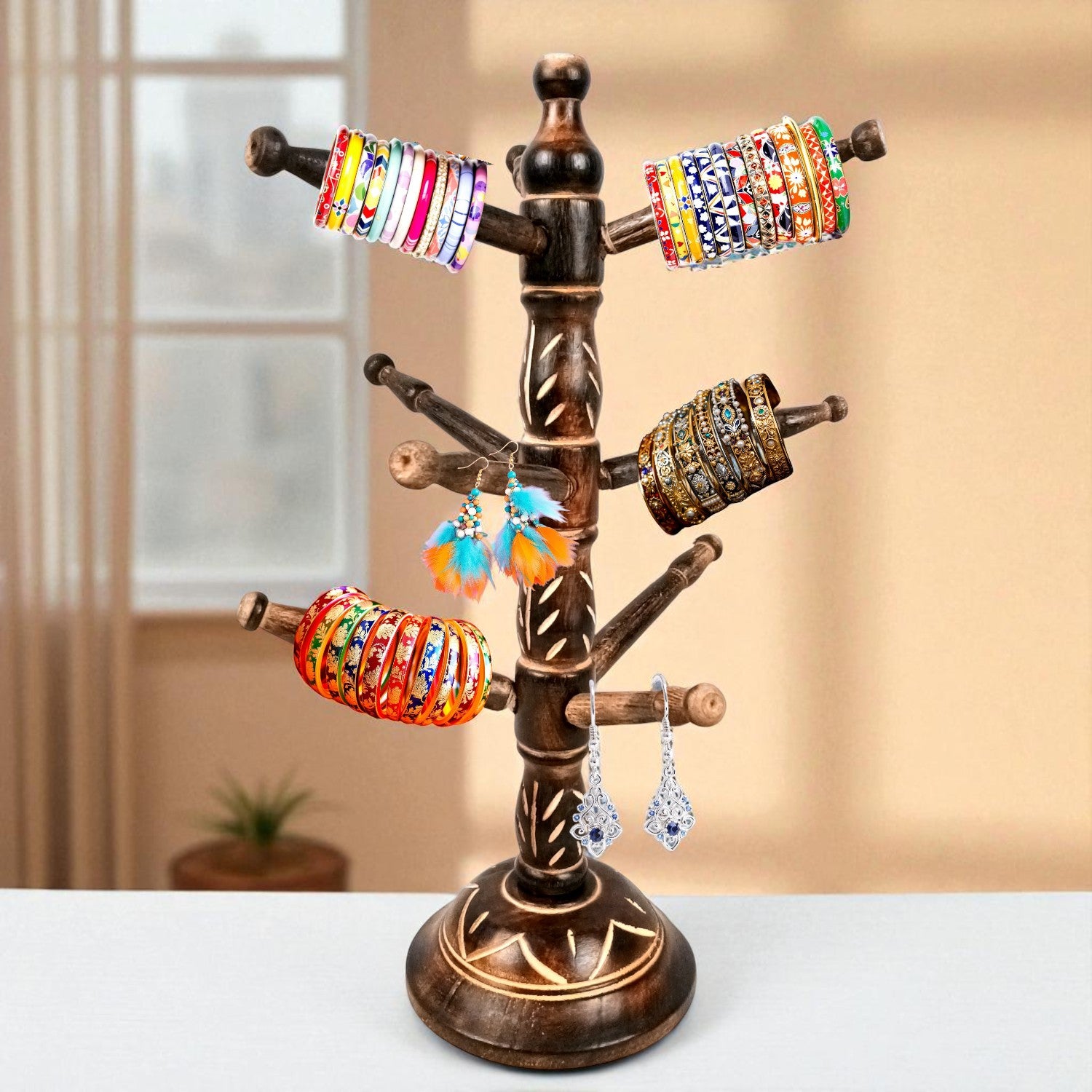 Wooden Bangle Holder 9 Tier Bar | Jewellery & Choori Stand Hanger - Tree Design - for Women / Girls, Bracelet, Jewelry Display Organizer - 15 Inch - Apkamart